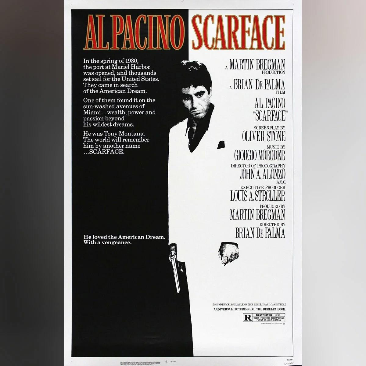 Scarface (1983)
Original ein Blatt (27 x 41 Zoll)

Seltenes ungefaltetes / gerolltes 1983er Original US One Sheet Plakat für ein amerikanisches Kriminaldrama von 1983 unter der Regie von Brian De Palma und dem Drehbuch von Oliver Stone mit Al Pacino