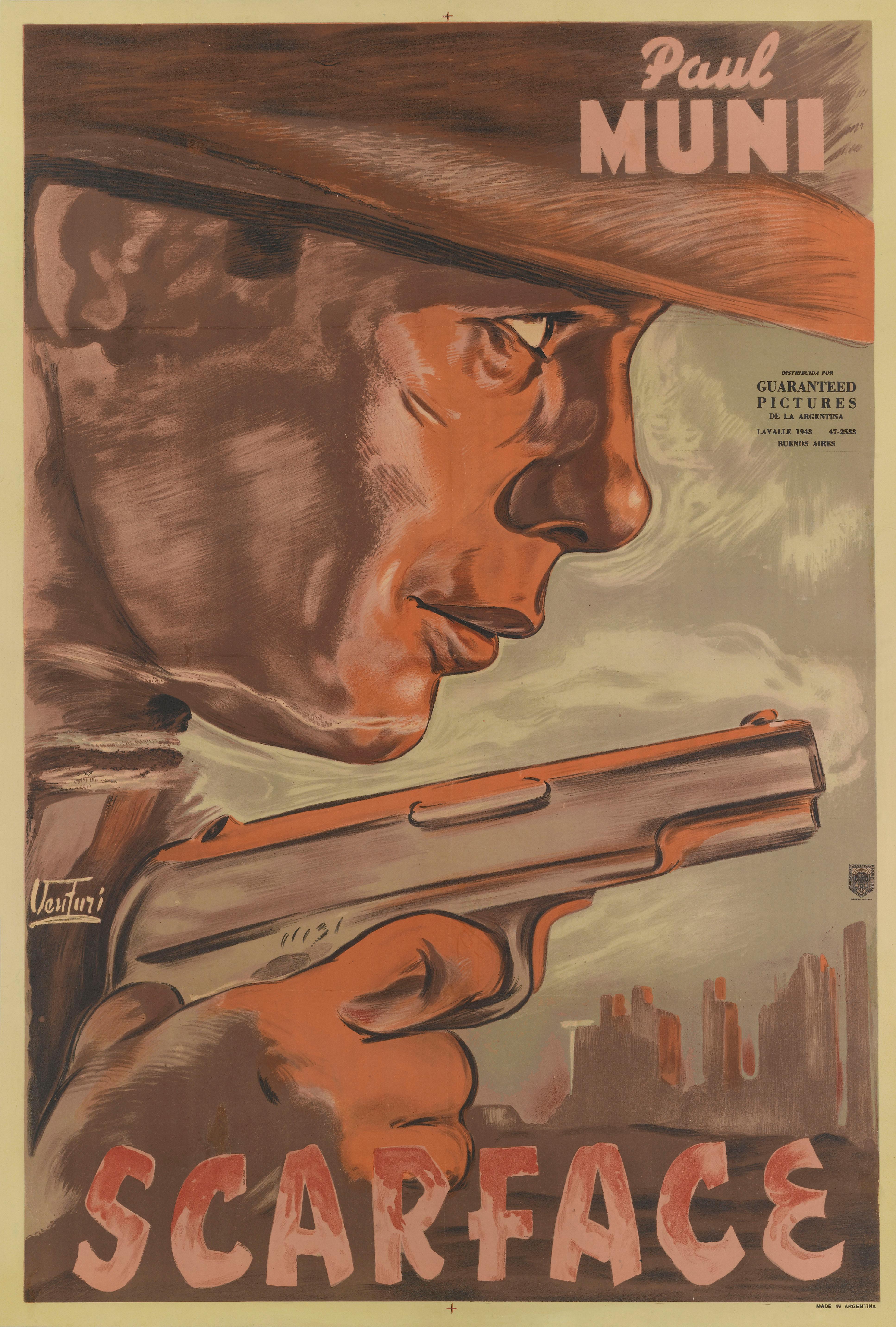 This Original Argentine film poster is for the 1932 version of Scarface, the film was not released iargentina until the 194o's , this poster is for the films first release.
Howard Hawks’s 1932 gangster extravaganza Scarface was part of the initial