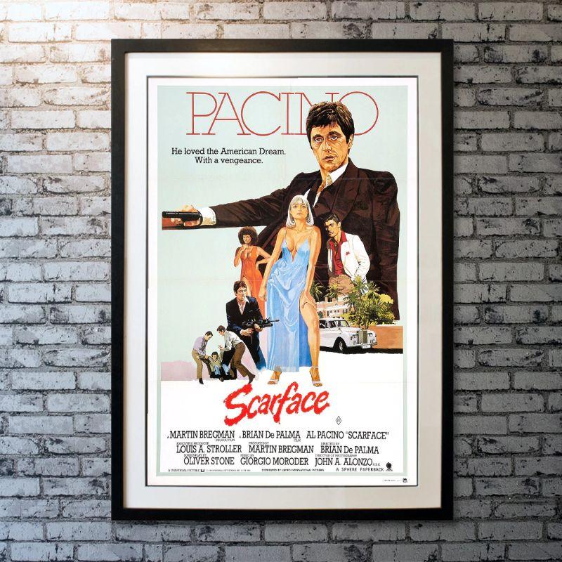 Scarface, Unframed Poster, 1984

Original One Sheet (27 X 41 Inches). Australian poster for classic DePalma film, featuring completely different artwork than U.S. posters. In 1980 Miami, a determined Cuban immigrant takes over a drug cartel and