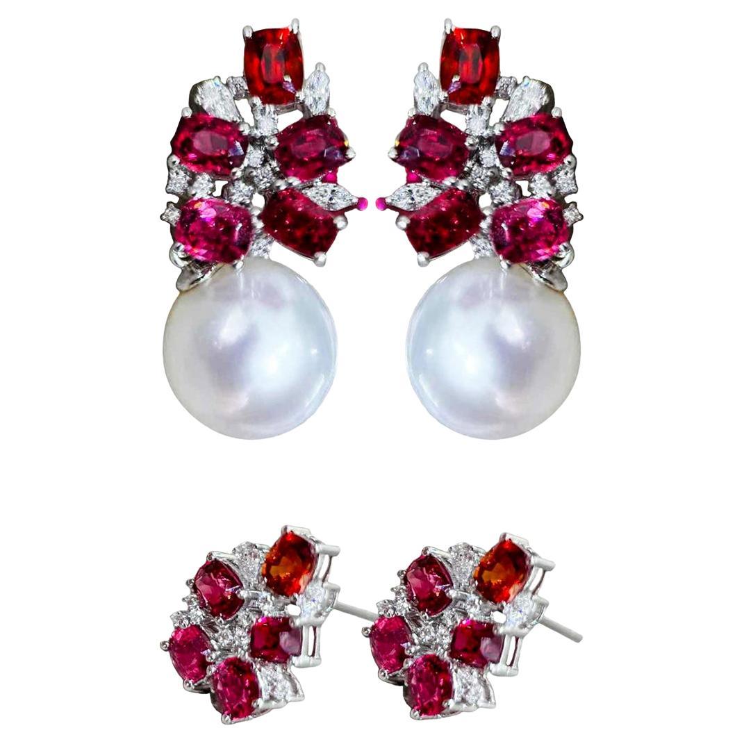 【Crown Radiance】Scarlet Bloom Aurora South Sea Pearl Convertible Earrings For Sale