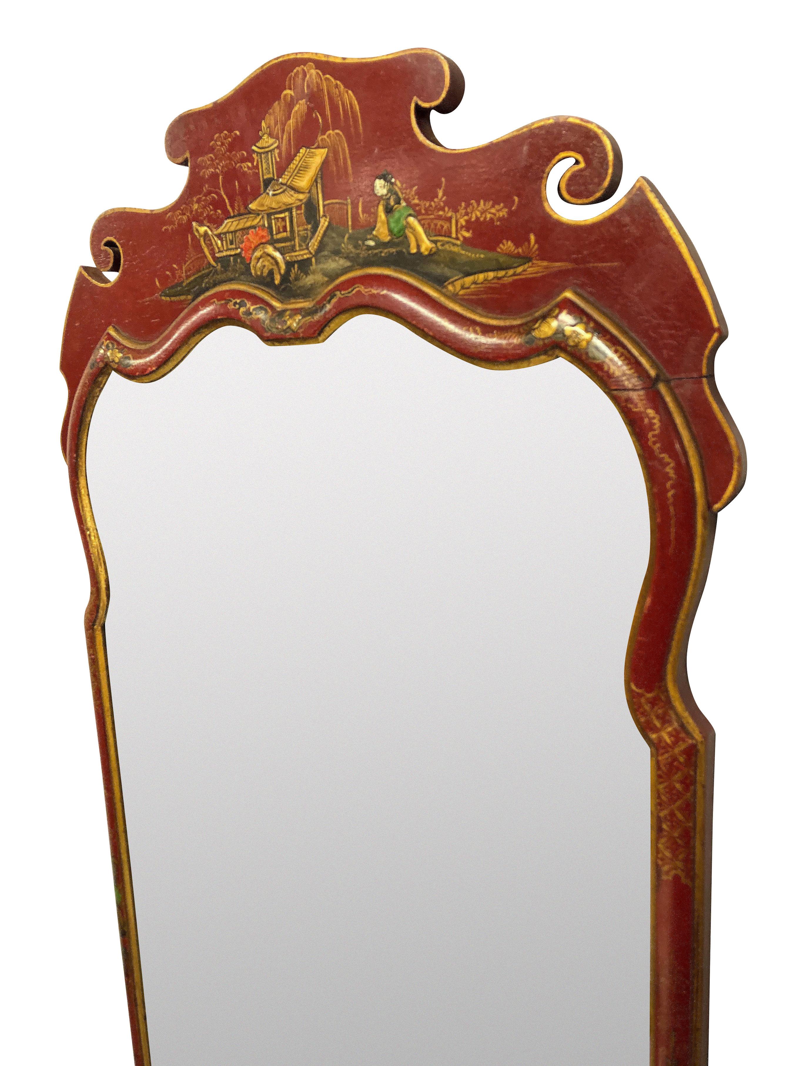 English Scarlet Japanned Queen Anne Style Mirror