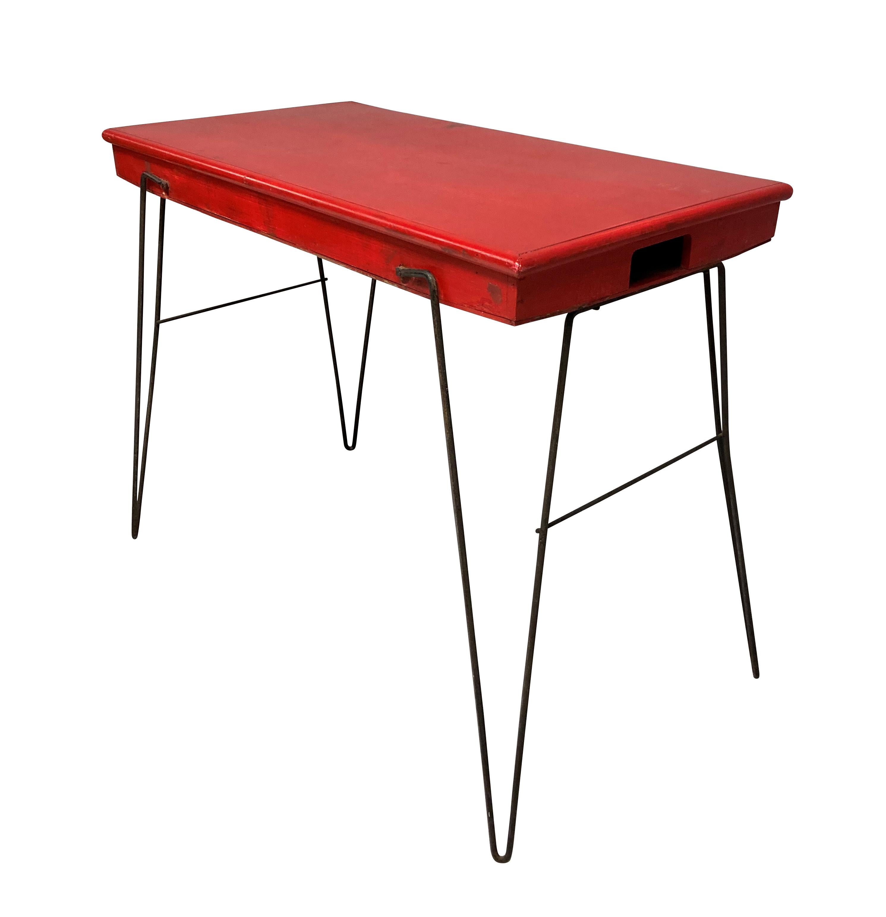 plastic table with iron legs