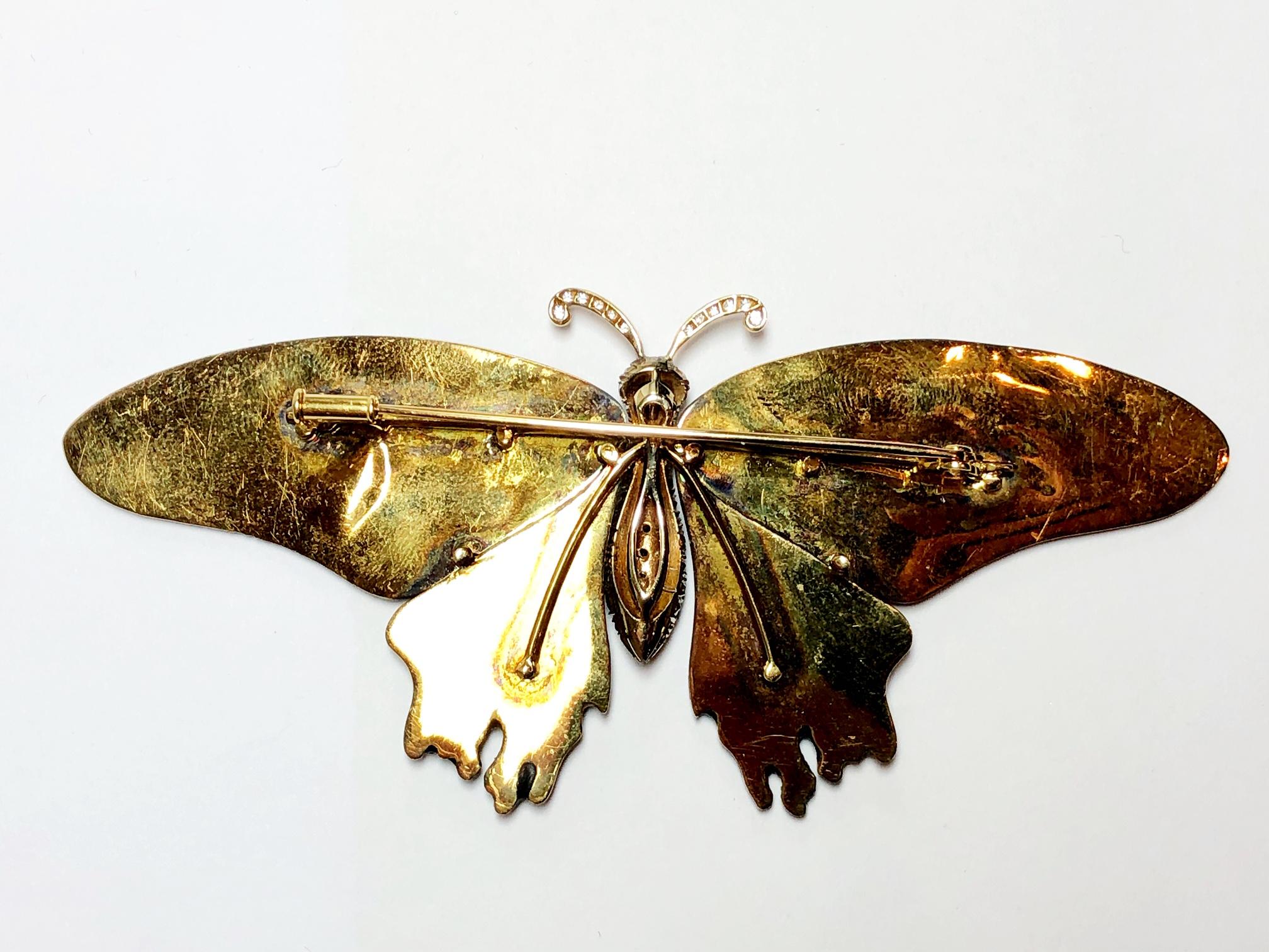 Modern Scarlet Mormon Enamel and Diamond Butterfly Brooch For Sale