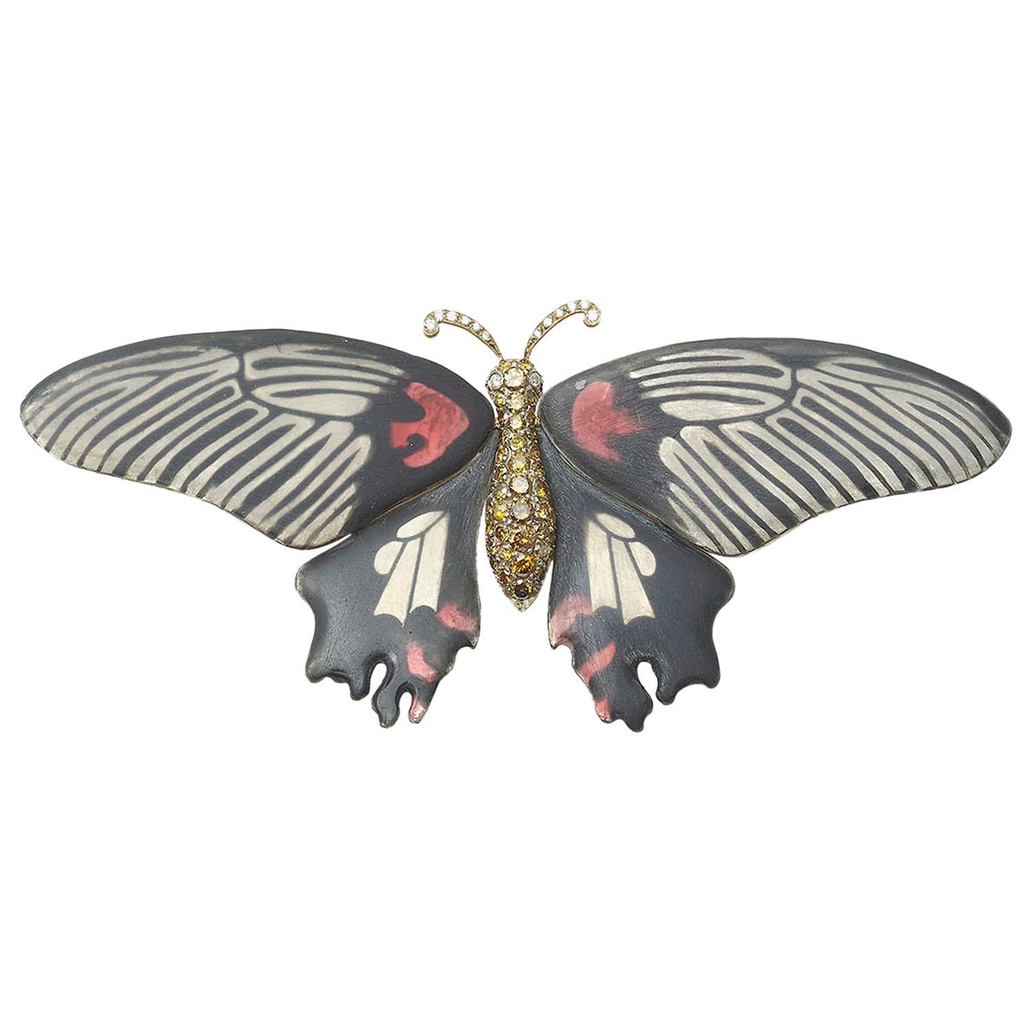 Scarlet Mormon Enamel and Diamond Butterfly Brooch For Sale