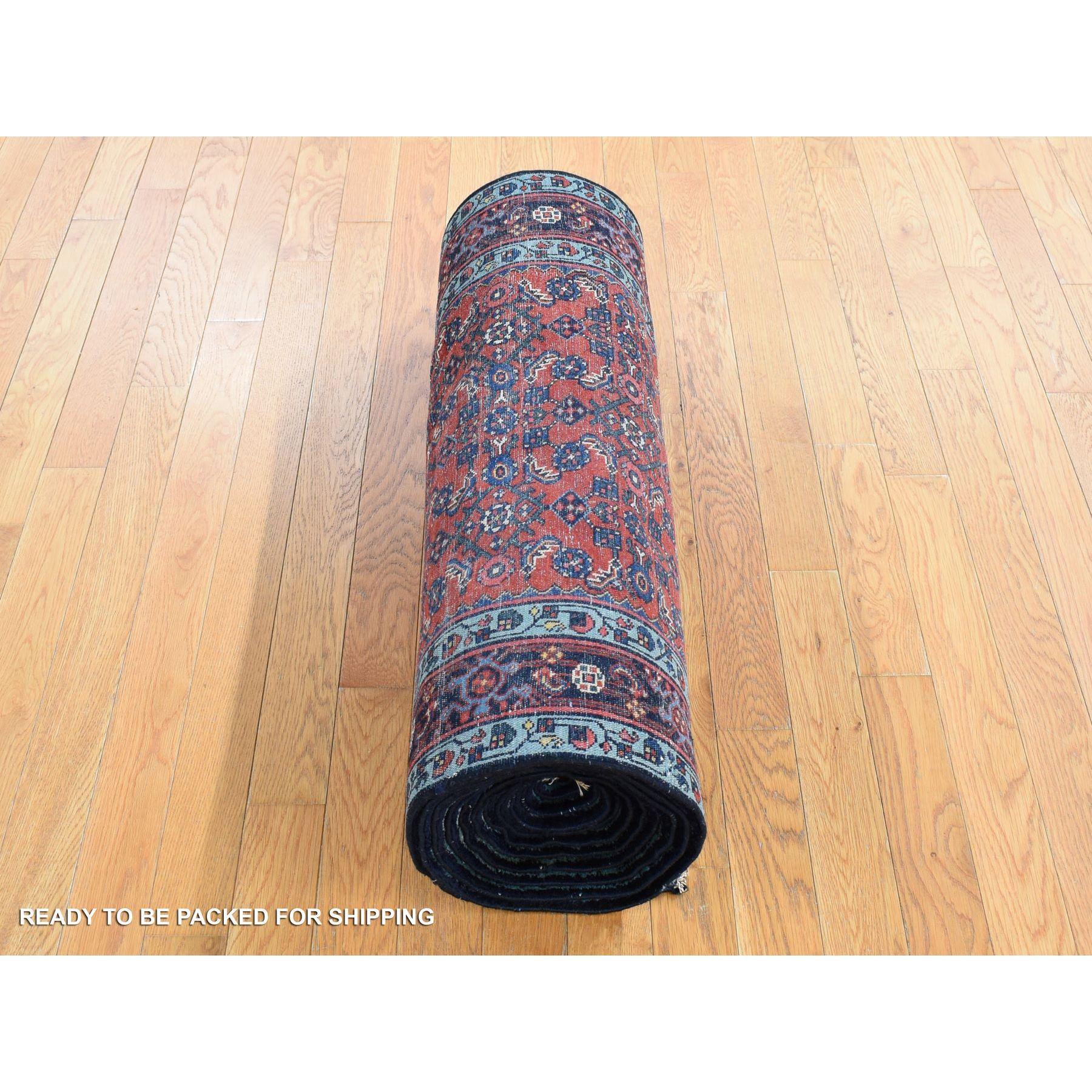 Hand-Knotted Scarlet Red Antique Persian Injelas Runner Even Wear Hand Knotted Pure Wool Rug