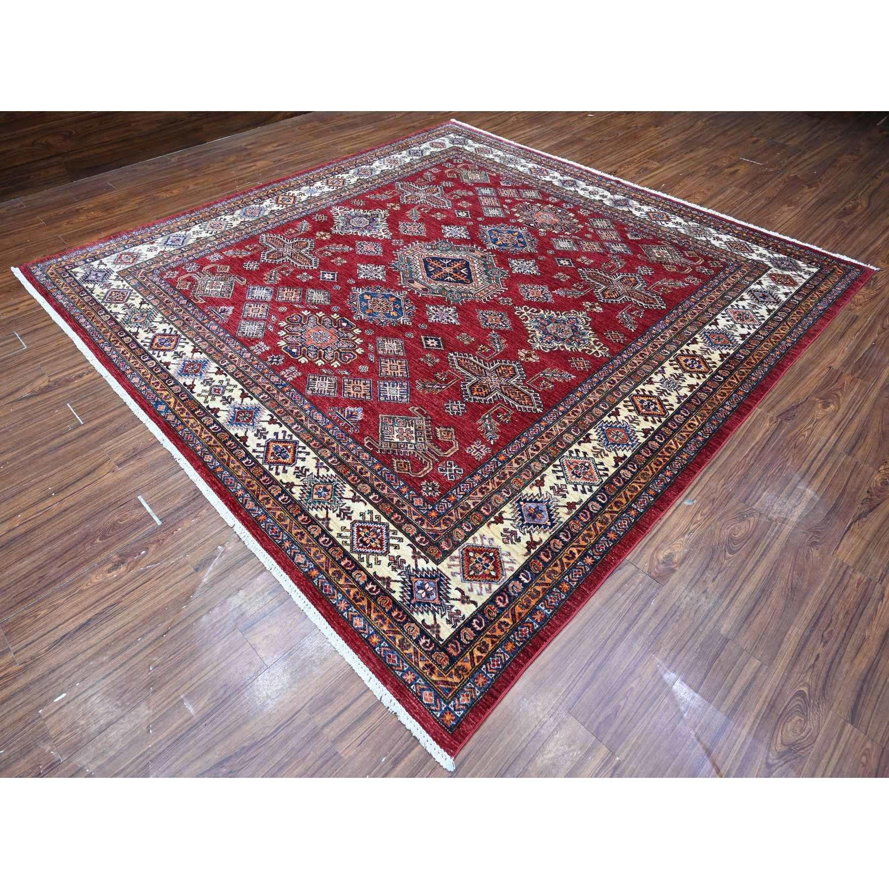 Kazakh Tapis carré oriental rouge écarlate noué à la main en laine afghane super Kazak 9'9