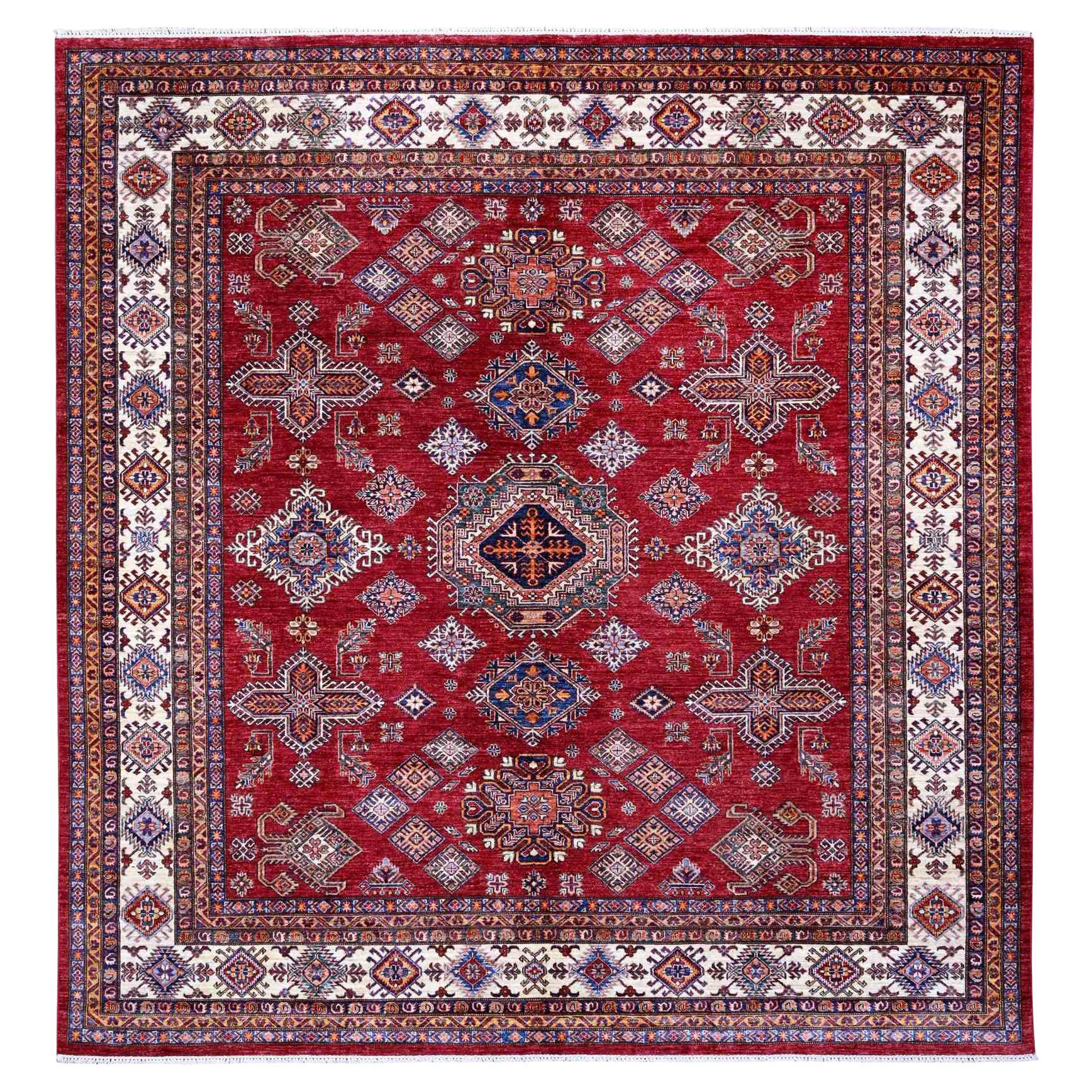 Scarlet Red Hand Knotted Afghan Super Kazak Wool Oriental Square Rug 9'9" x 10'