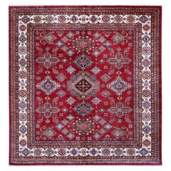 Scarlet Red Hand Knotted Afghan Super Kazak Wool Oriental Square Rug 9'9" x 10'