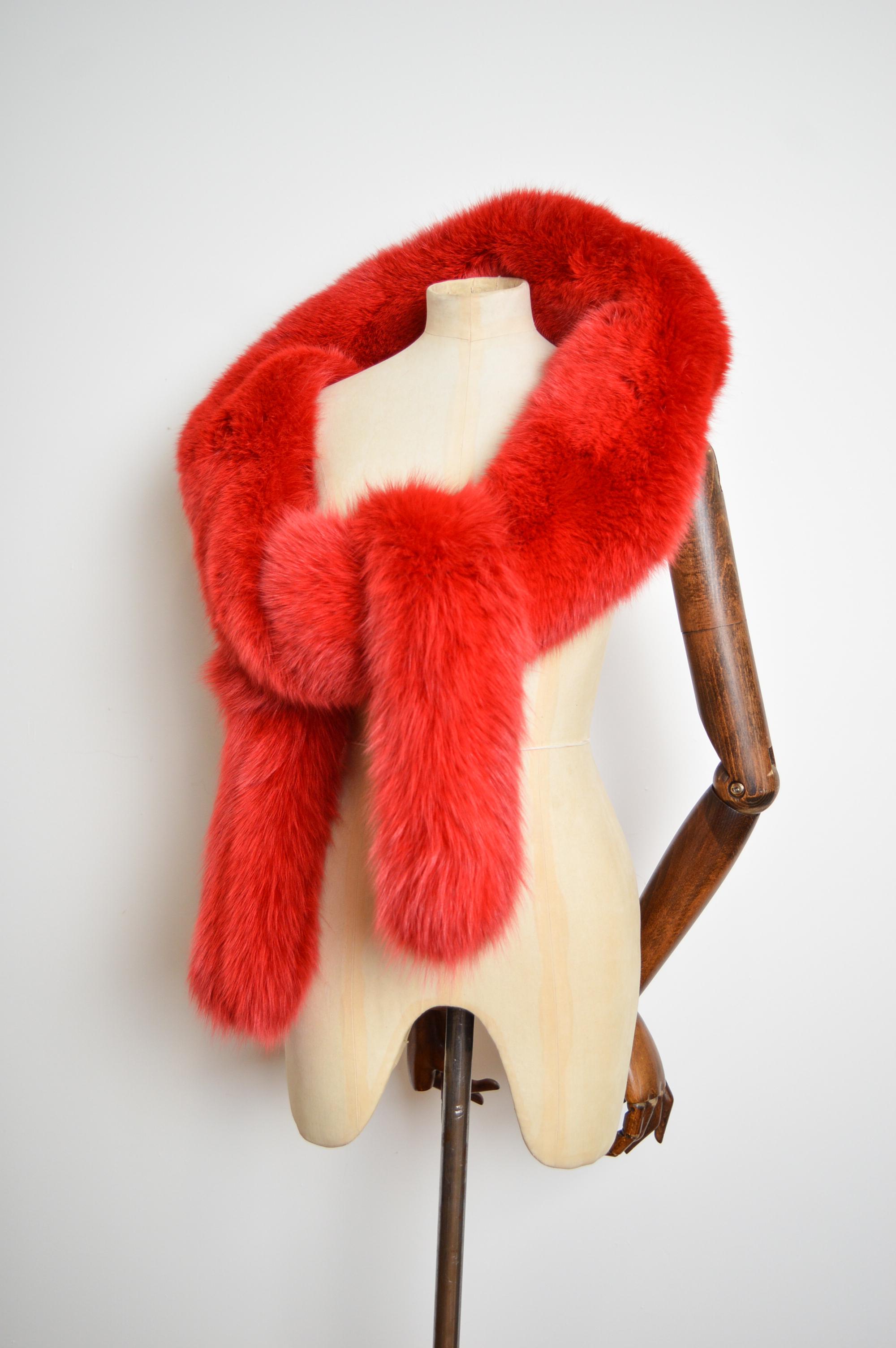Women's or Men's Scarlet Red Huge Plush Vintage French Fox Fur Stole Boa - Scarf For Sale