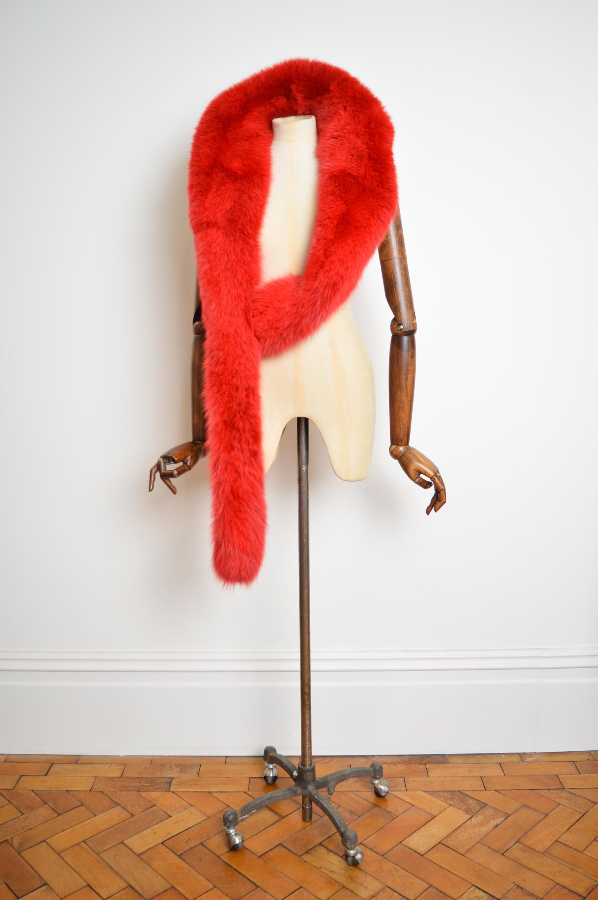 Scarlet Red Huge Plush Vintage French Fox Fur Stole Boa - Scarf For Sale 1