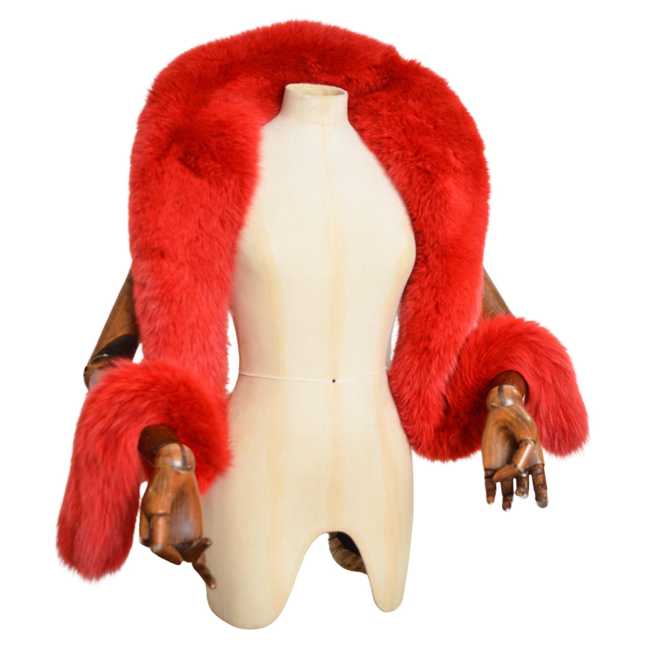 Scarlet Red Huge Plush Vintage French Fox Fur Stole Boa - Scarf For Sale