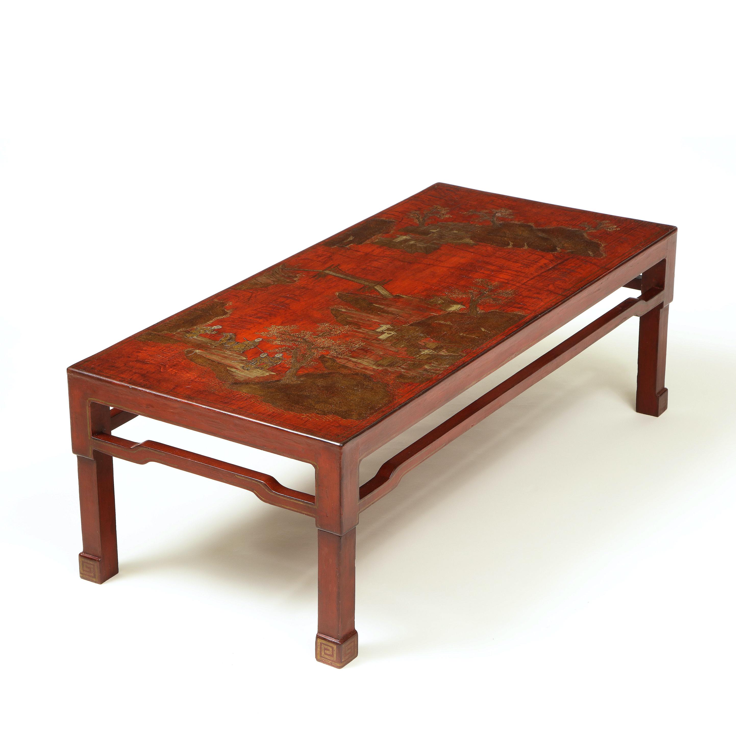European Scarlet Red Lacquered and Gilt Chinoiserie Low Table