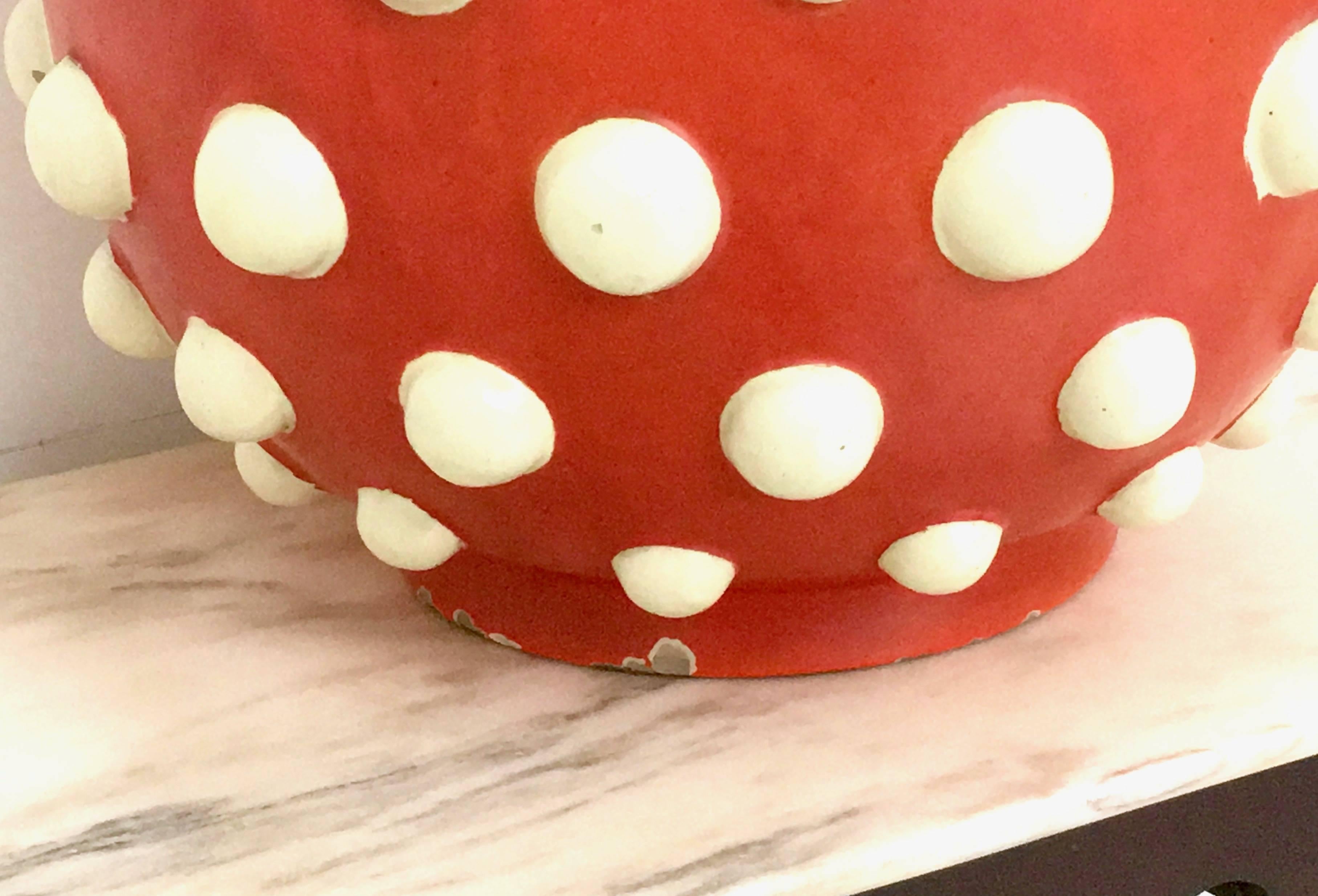 Scarlet Red Terracotta Vase with Ivory Embossed Polka Dots, Italy, 1940s 4