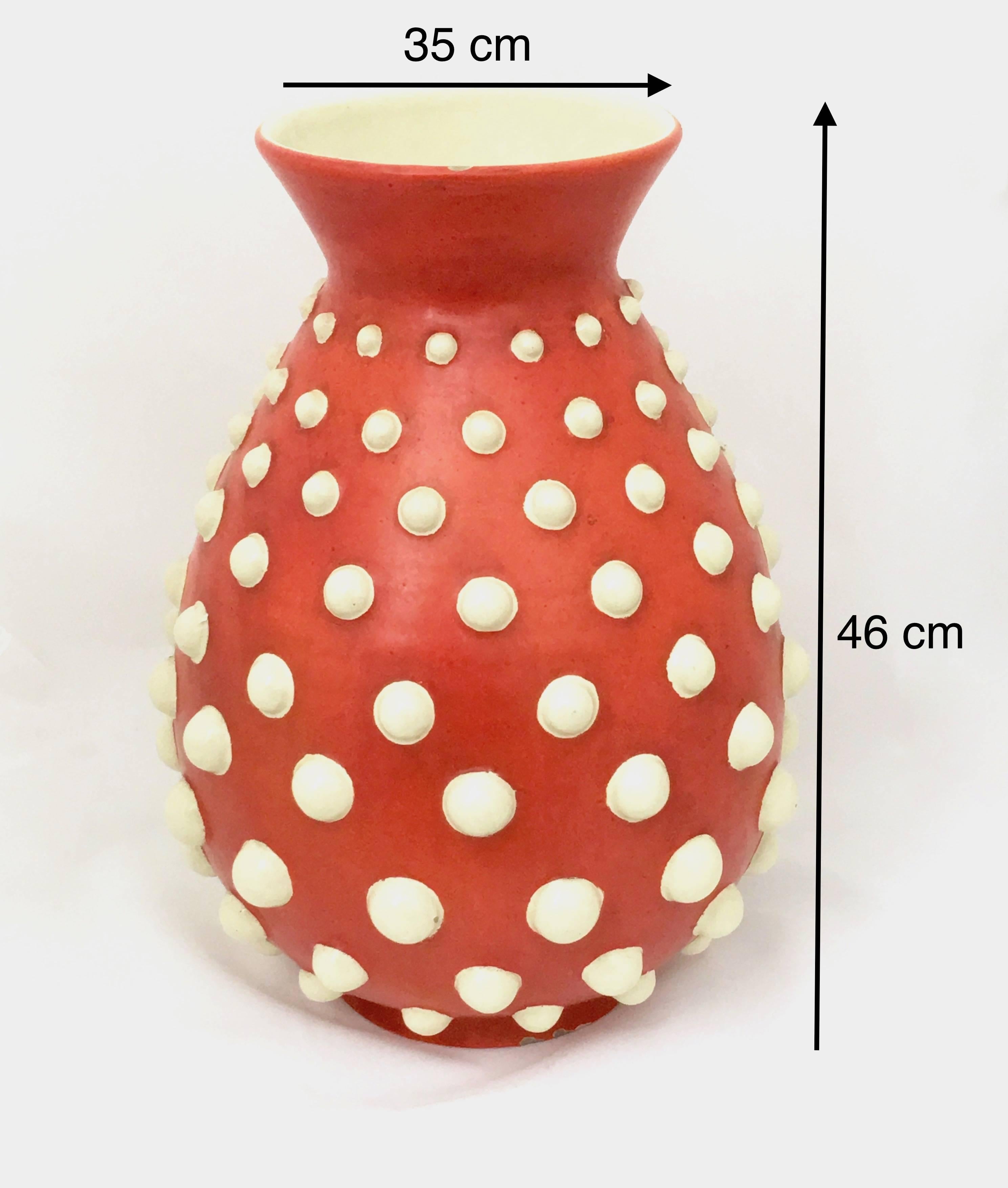 Scarlet Red Terracotta Vase with Ivory Embossed Polka Dots, Italy, 1940s 5