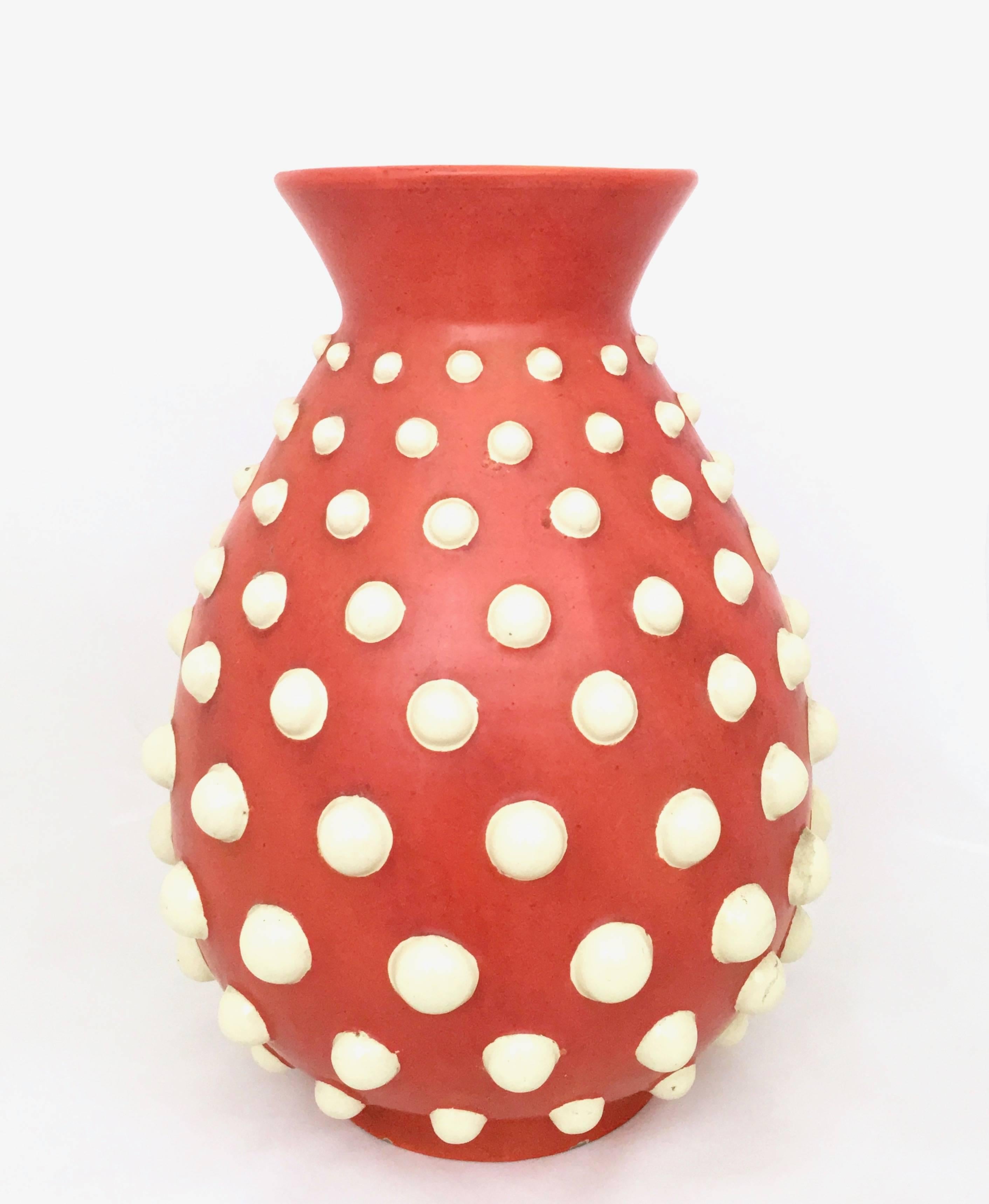 Italian Scarlet Red Terracotta Vase with Ivory Embossed Polka Dots, Italy, 1940s