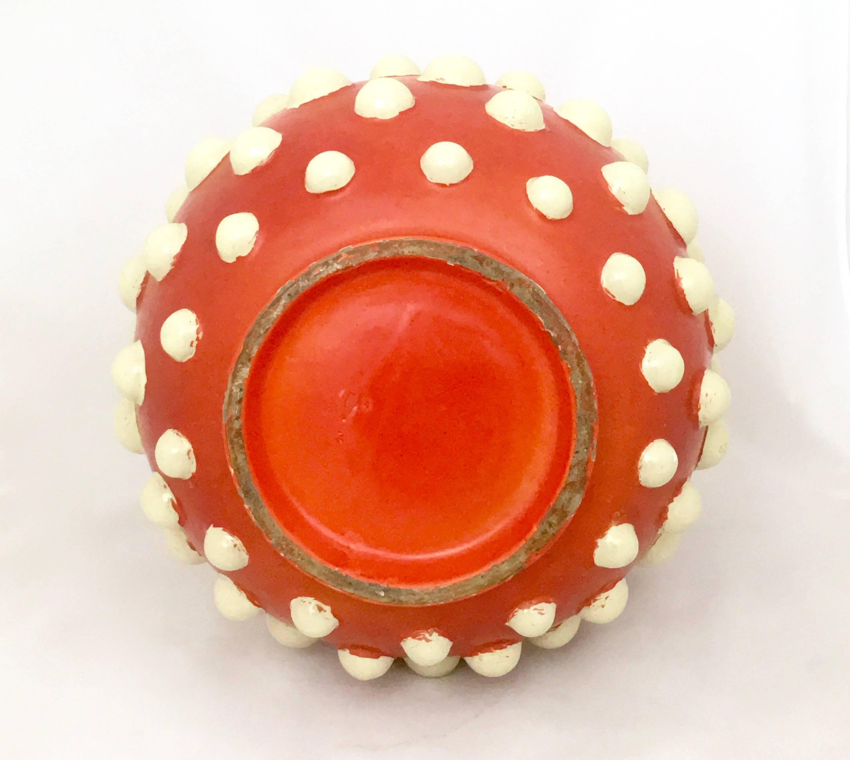 Mid-20th Century Scarlet Red Terracotta Vase with Ivory Embossed Polka Dots, Italy, 1940s