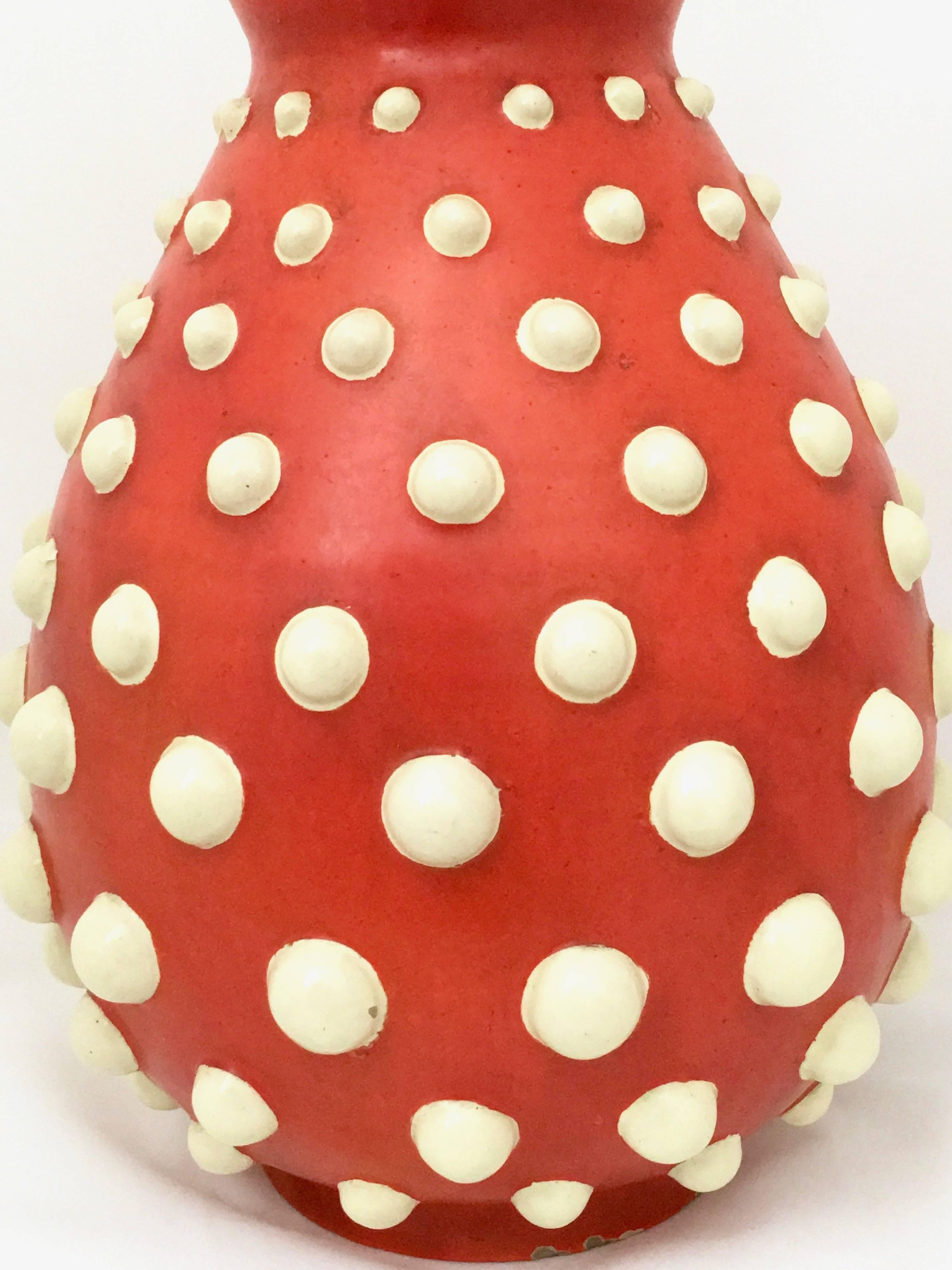 Scarlet Red Terracotta Vase with Ivory Embossed Polka Dots, Italy, 1940s 1