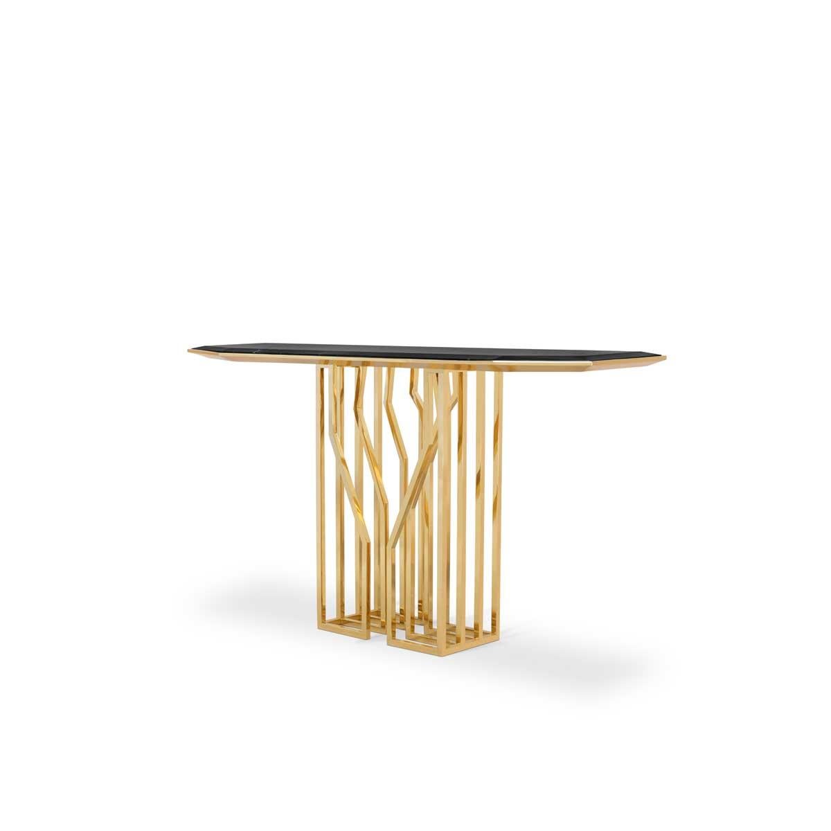 Contemporary Scarp Console Table with Nero Marquina Marble Top and Brass Legs For Sale