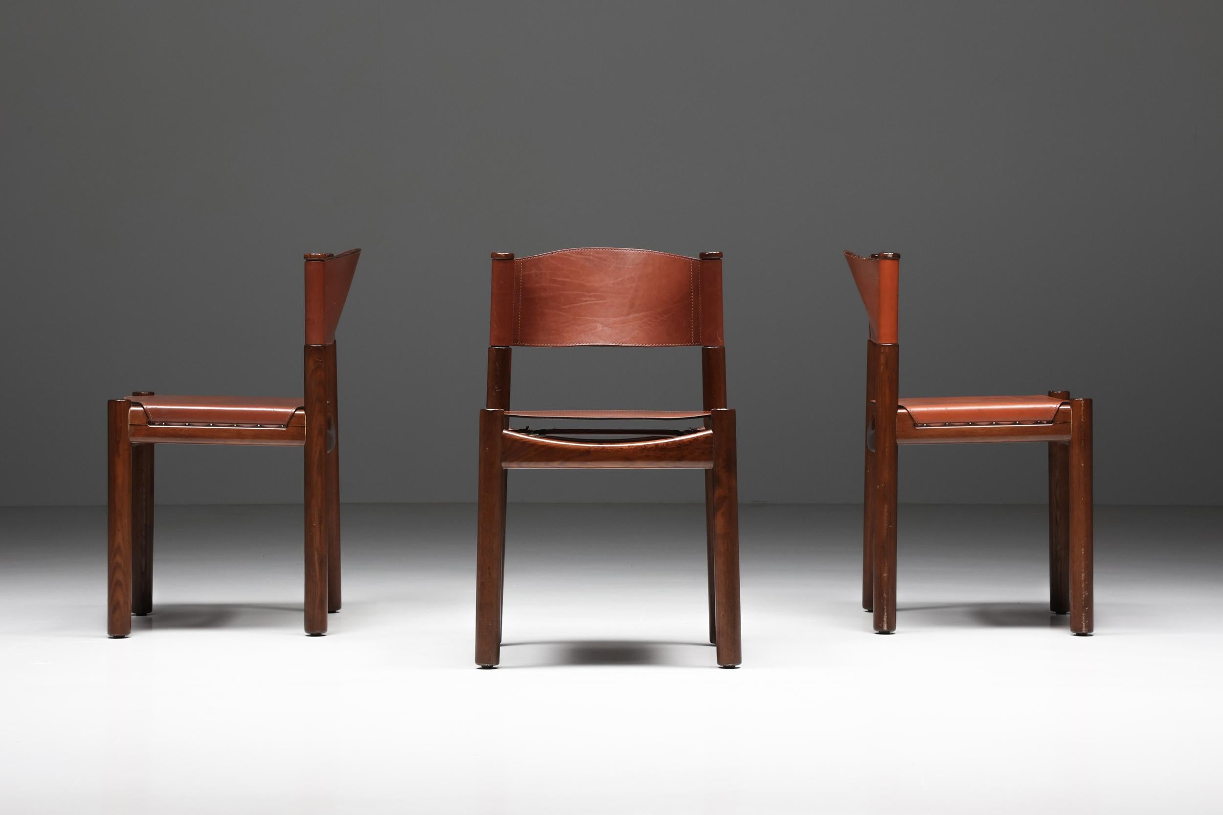 Italian Scarpa Inspired Walnut & Leather Dining Chairs, Mid-Century Modern, Rustic 1950'