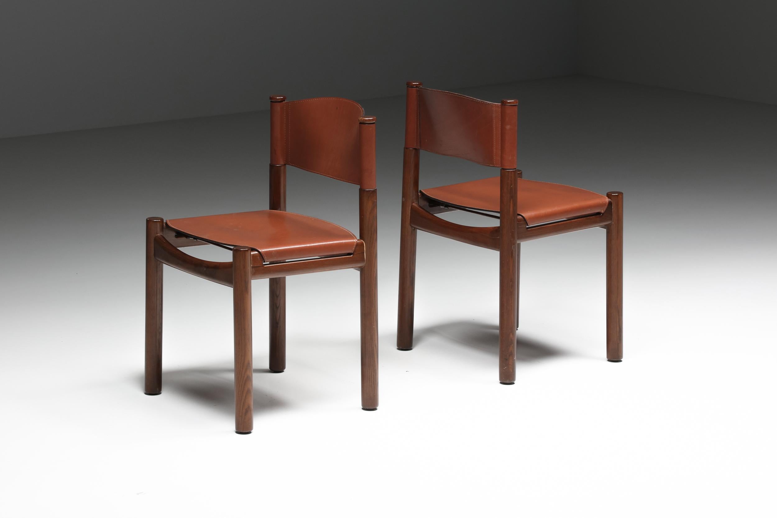 Scarpa Inspired Walnut & Leather Dining Chairs, Mid-Century Modern, Rustic 1950' In Excellent Condition In Antwerp, BE