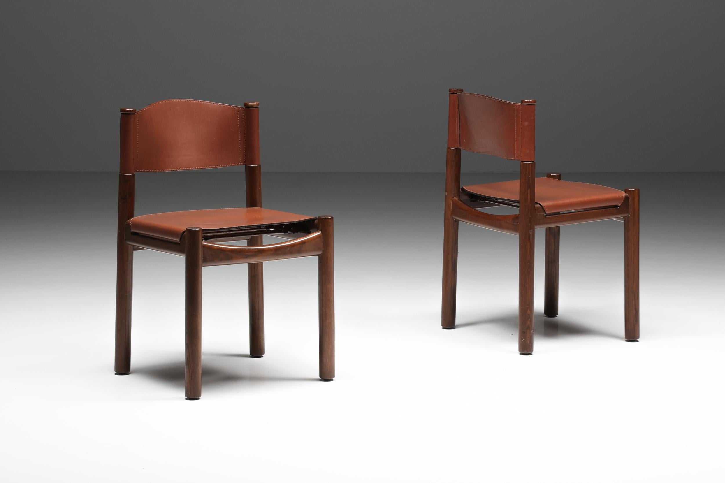 Mid-20th Century Scarpa Inspired Walnut & Leather Dining Chairs, Mid-Century Modern, Rustic 1950'