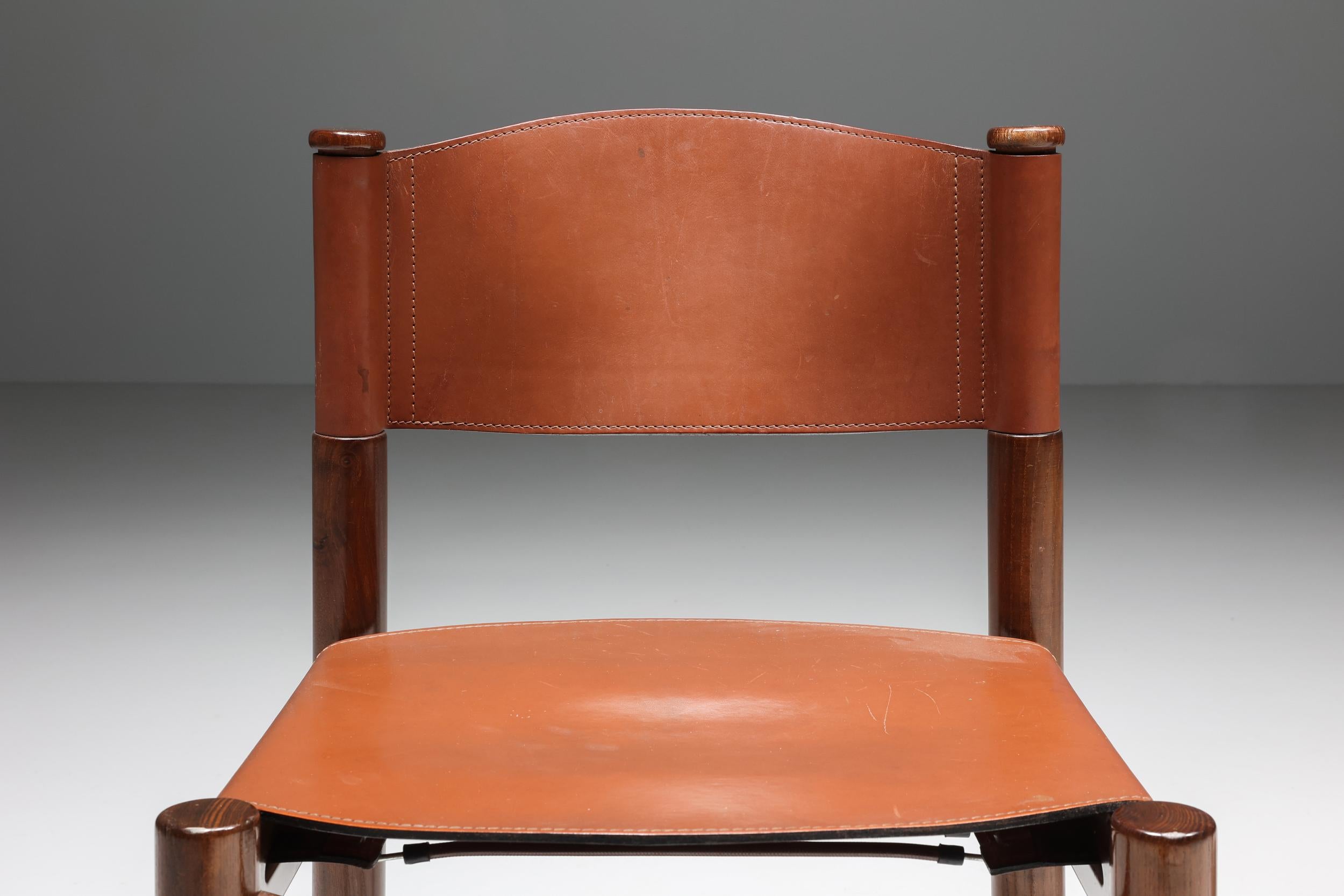 Scarpa Inspired Walnut & Leather Dining Chairs, Mid-Century Modern, Rustic 1950' 4