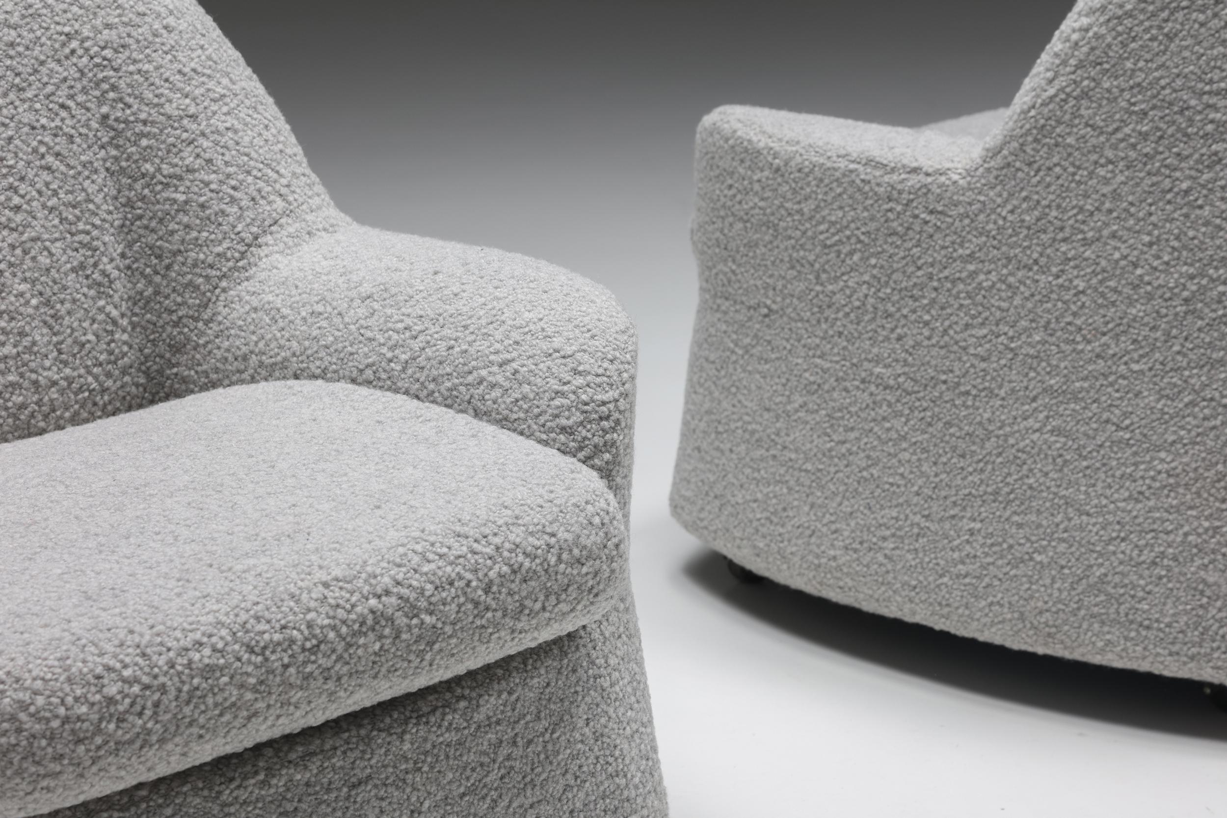 Scarpa lounge chairs grey boucle´, Italian Design, Mid-Century Modern, 1960's

Afra & Tobia Scarpa set of lounge chairs in grey bouclé wool. A rare find in the Italian Scarpa oeuvre, created in the 1960s. Upholstered in grey bouclé wool, a