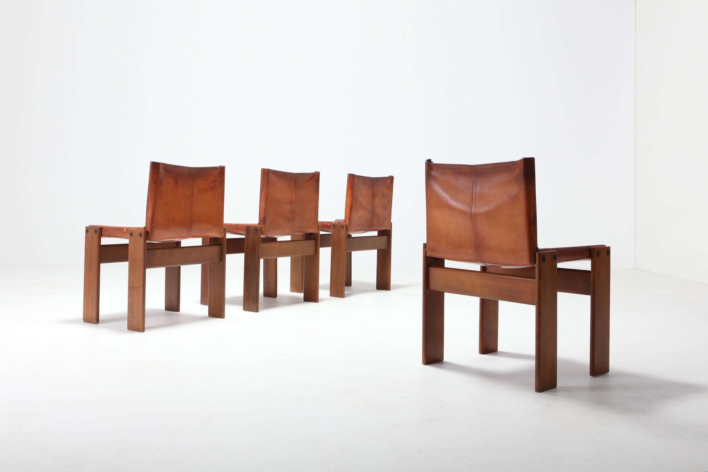 Mid-Century Modern Scarpa 'Monk' Chairs in Patinated Cognac Leather, Set of Four