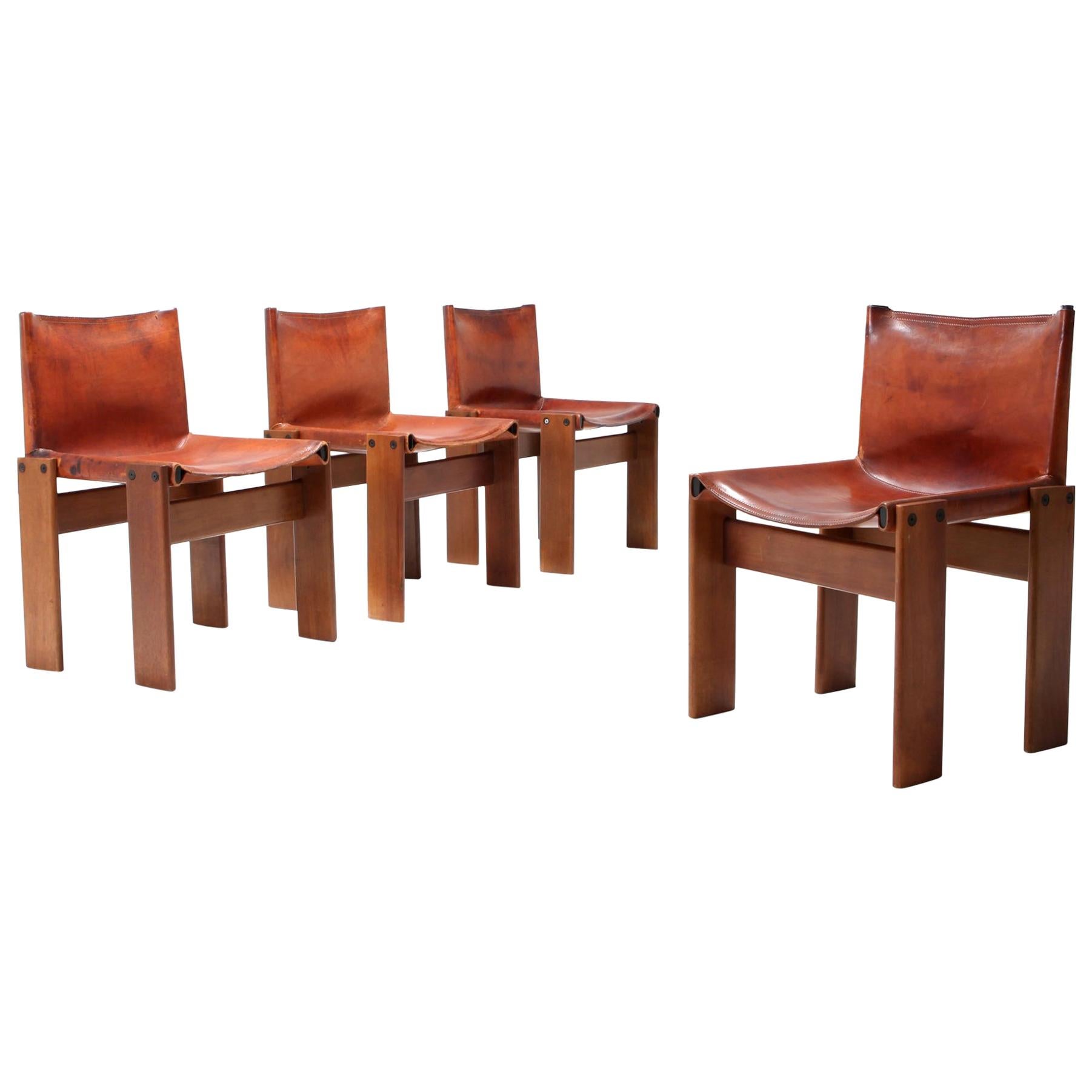 Scarpa 'Monk' Chairs in Patinated Cognac Leather, Set of Four