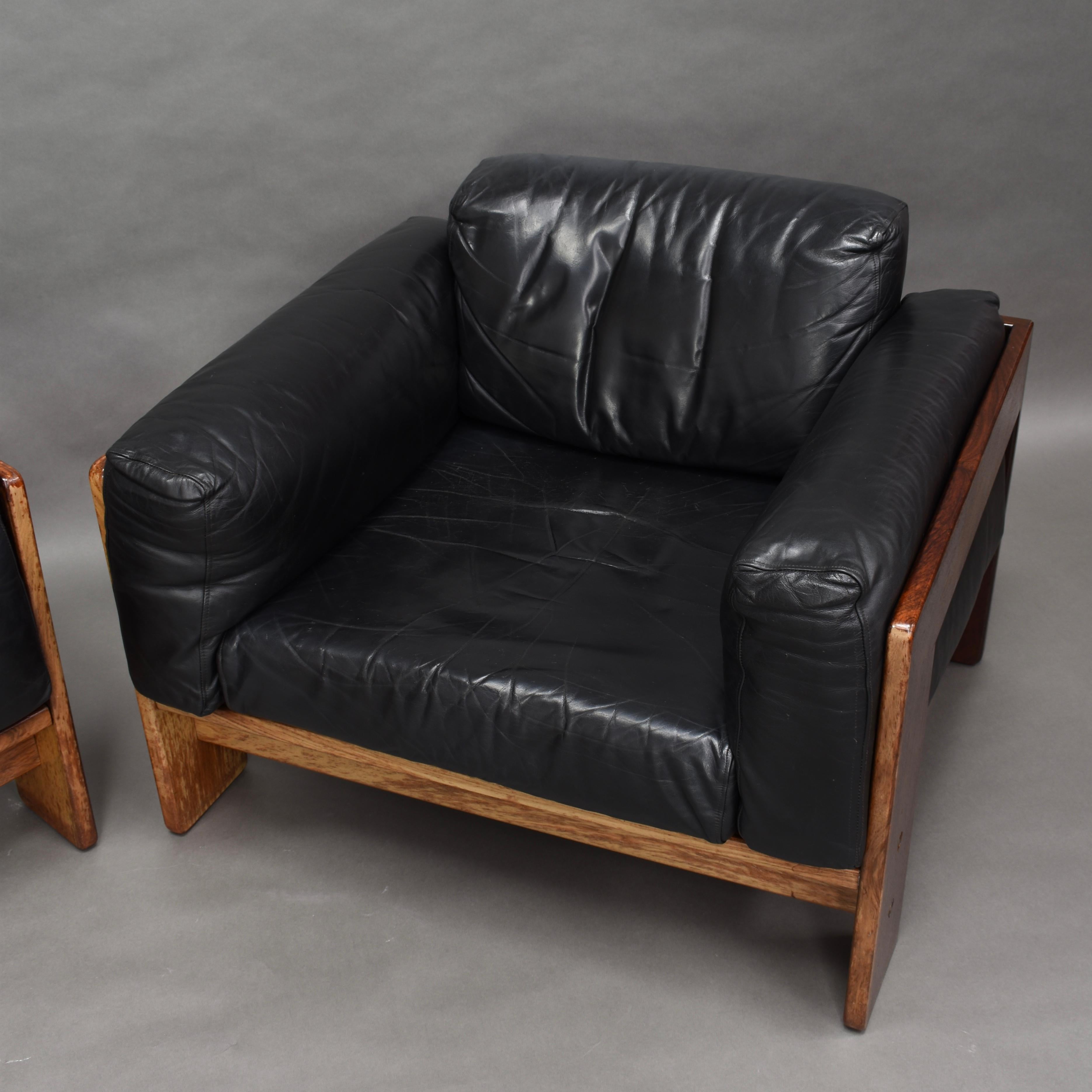 Scarpa Pair of Bastiano Chairs in Black Leather and Rosewood, Knoll Italy, 1975 5