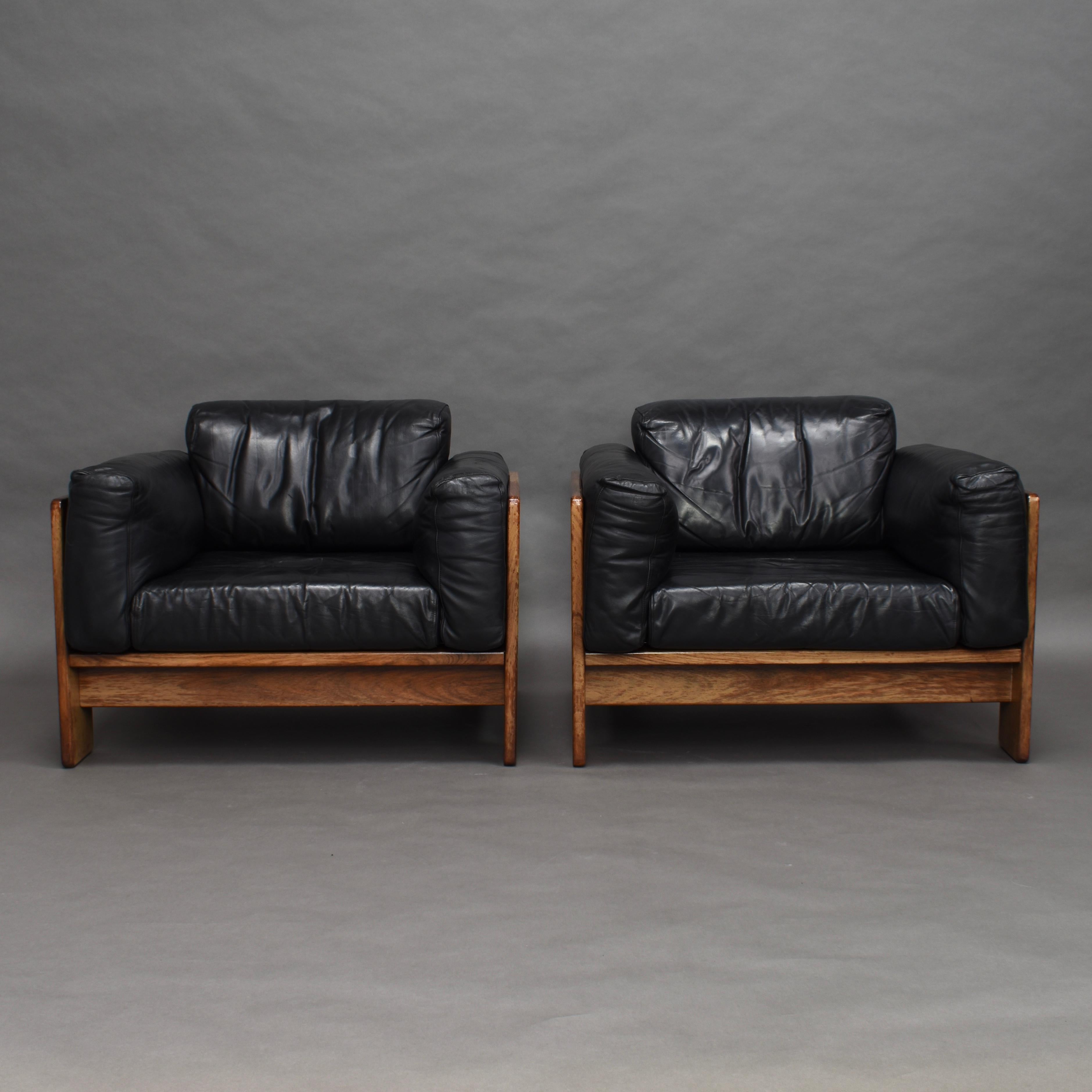 European Scarpa Pair of Bastiano Chairs in Black Leather and Rosewood, Knoll Italy, 1975