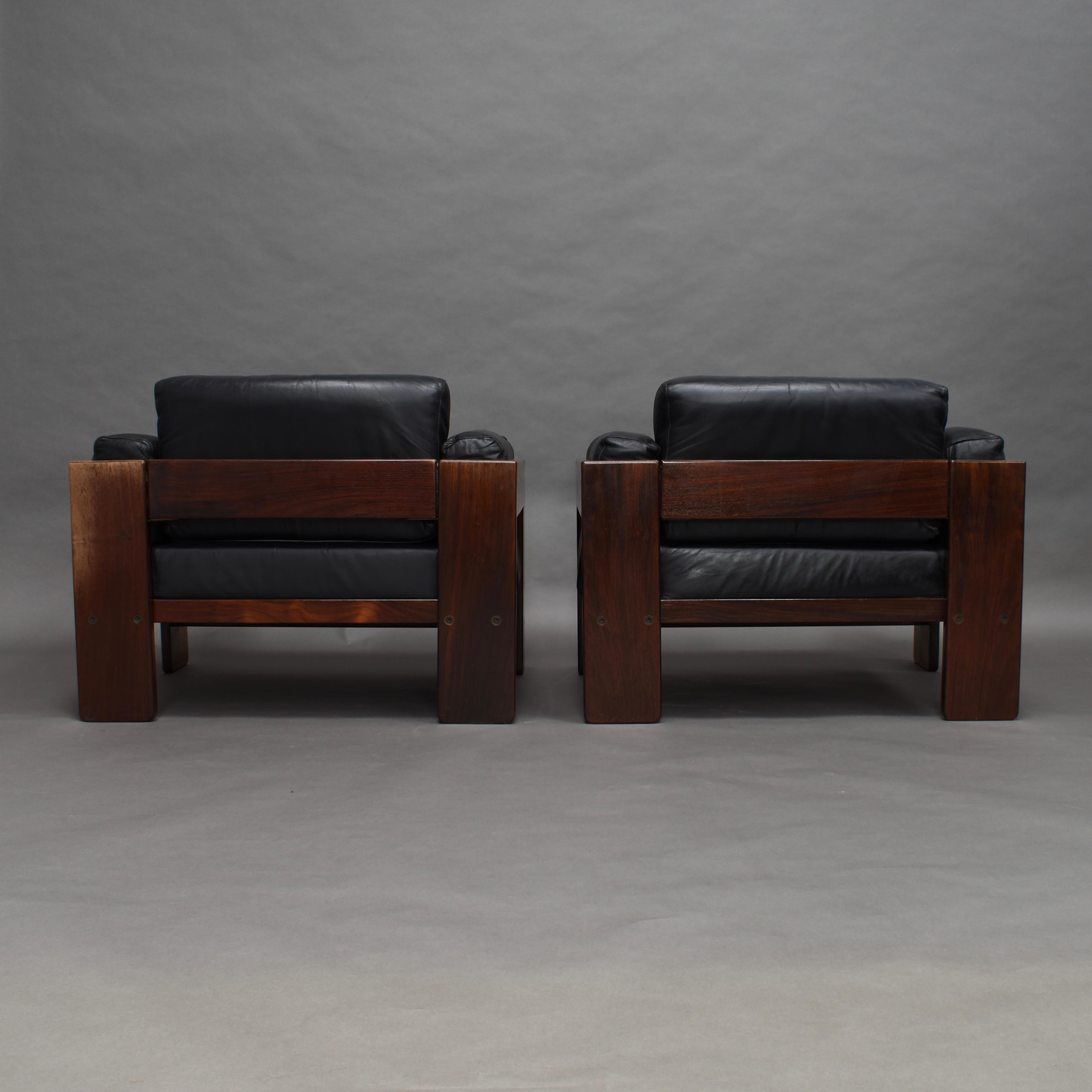 Mid-20th Century Scarpa Pair of Bastiano Chairs in Black Leather and Rosewood, Knoll Italy, 1975
