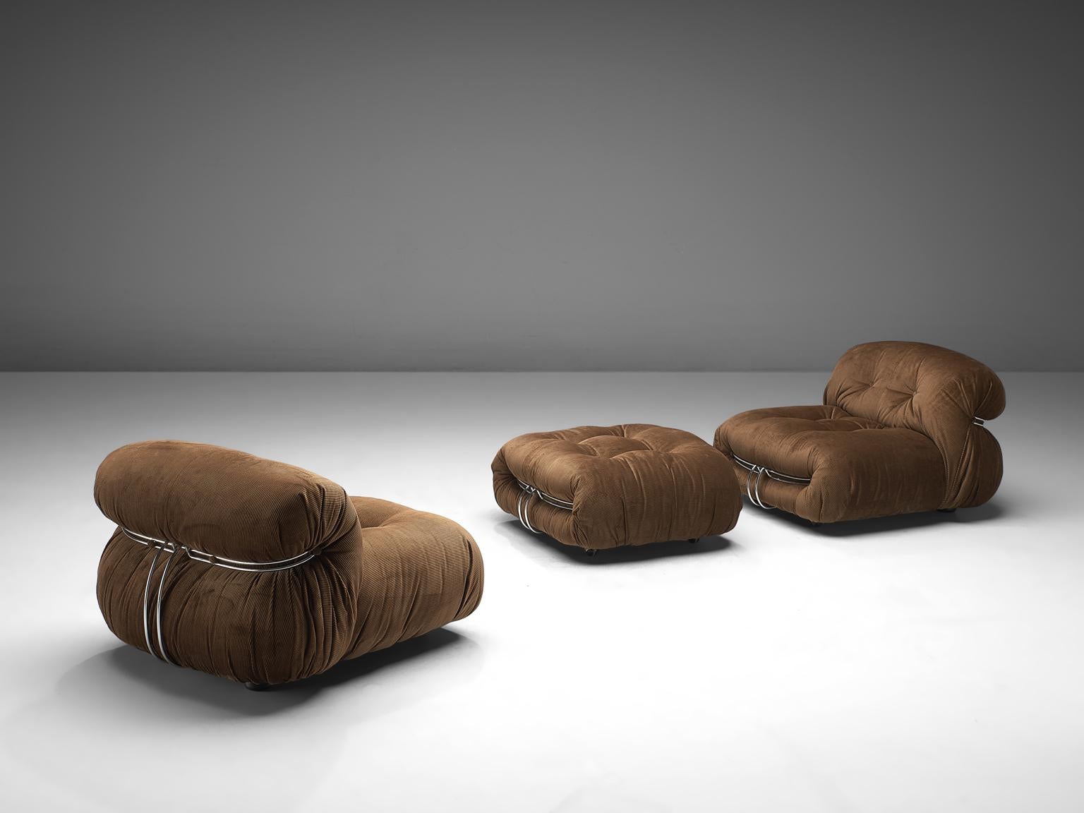 Mid-Century Modern Scarpa Set of 'Soriana' Lounge Chairs with Ottoman in Brown Fabric