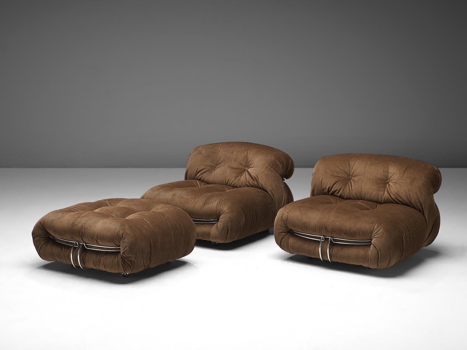 Italian Scarpa Set of 'Soriana' Lounge Chairs with Ottoman in Brown Fabric