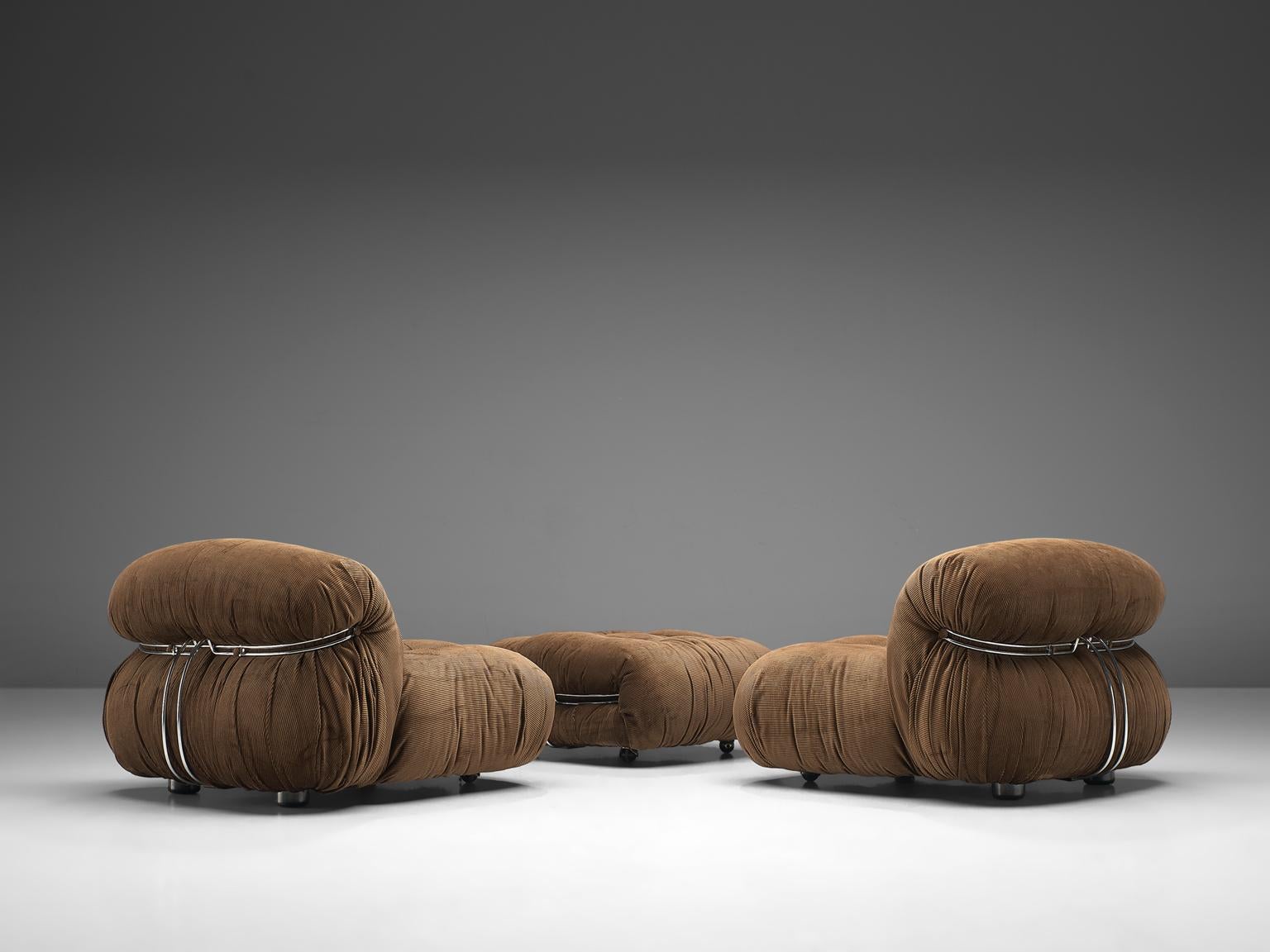 Scarpa Set of 'Soriana' Lounge Chairs with Ottoman in Brown Fabric In Good Condition In Waalwijk, NL