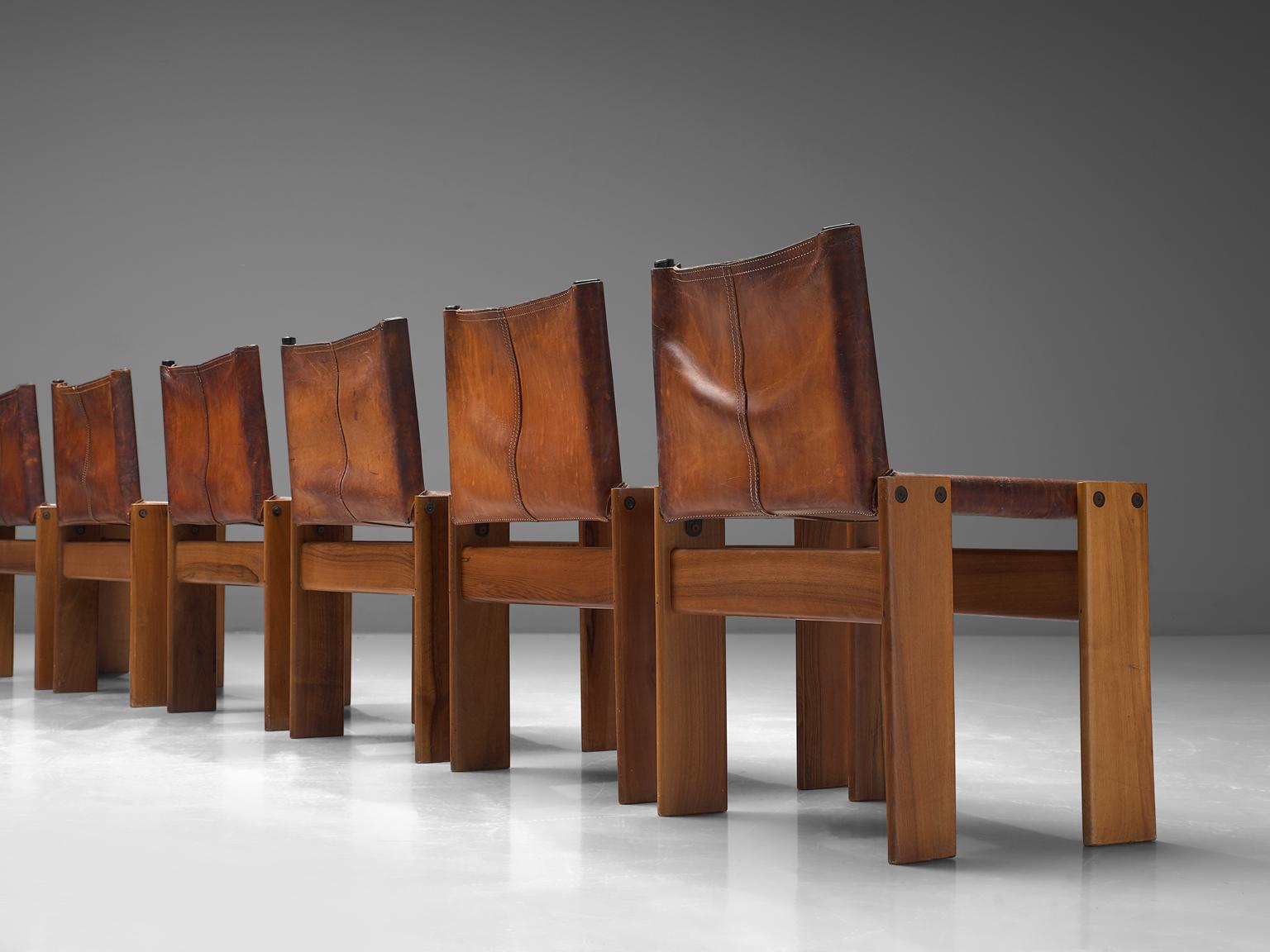 Mid-Century Modern Scarpa Set of Twelve 'Monk' Chairs in Patinated Cognac Leather
