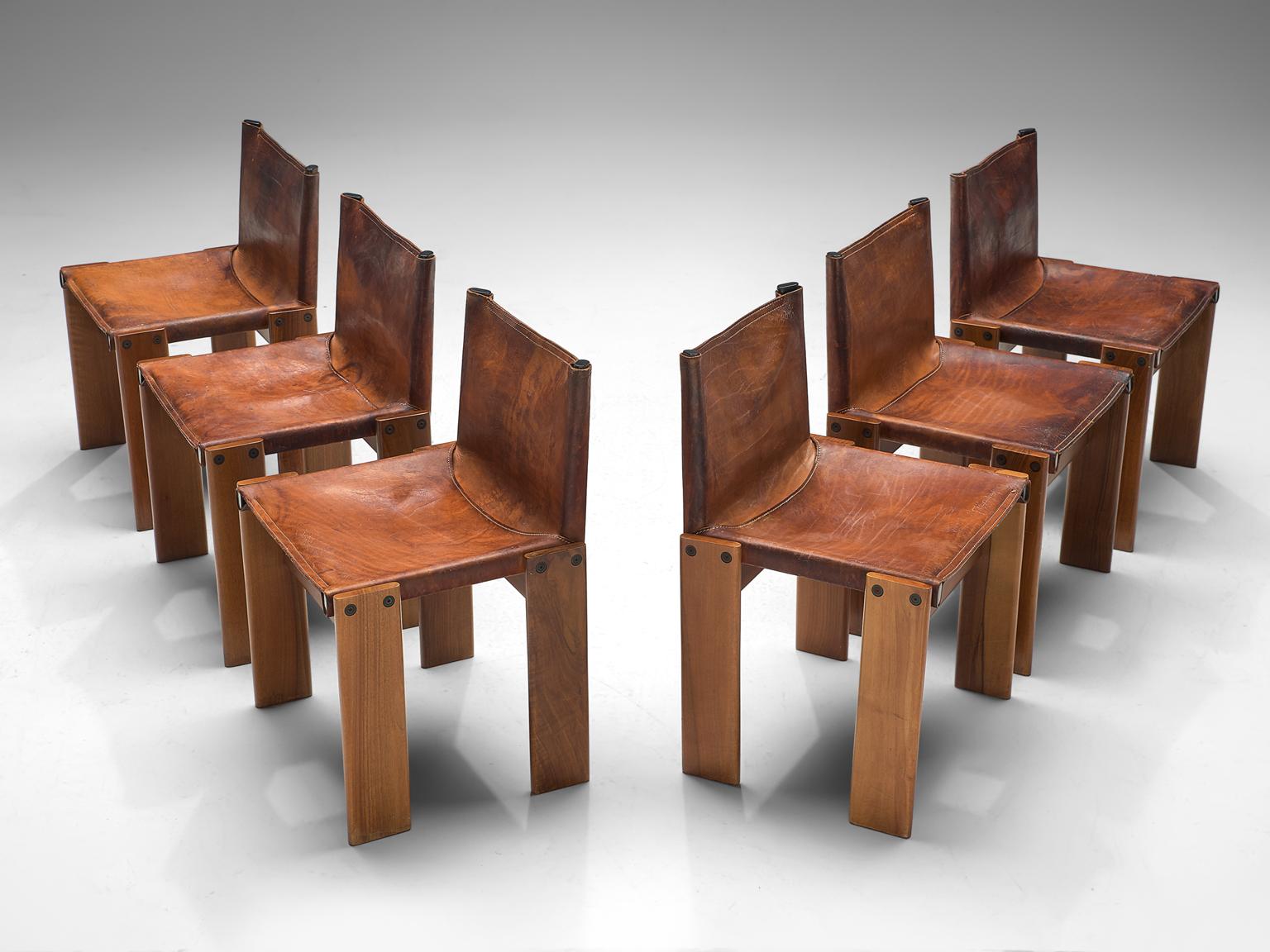 Italian Scarpa Set of Twelve 'Monk' Chairs in Patinated Cognac Leather
