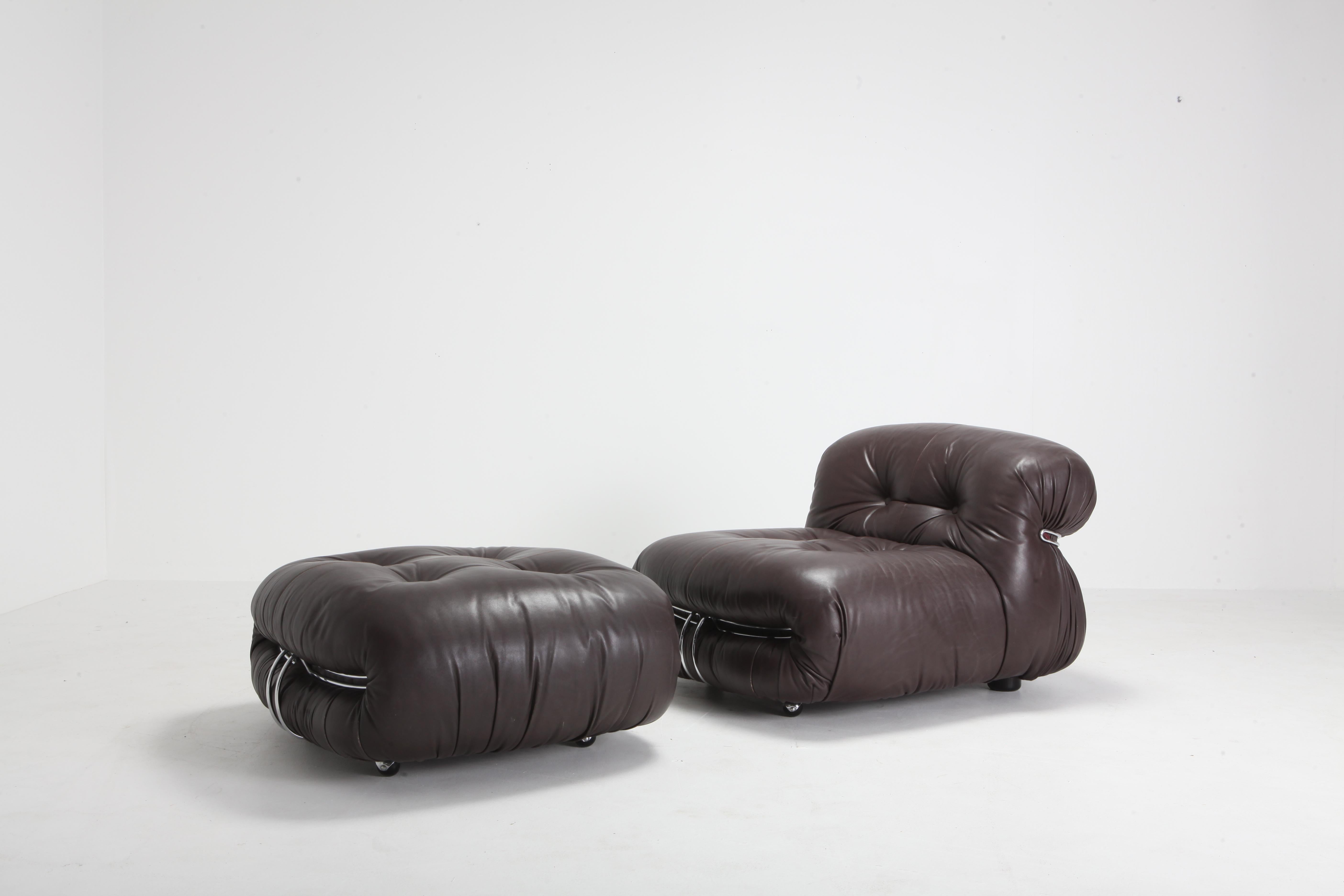 Afra & Tobia Scarpa, 'Soriana' club chair with footstool, dark brown leather and metal, Italy, 1969.
Postmodern piece by Italian designer couple Afra & Tobia Scarpa.
Tufted leather seating and a chromed steel frame.
Tobia & Afra designed for
