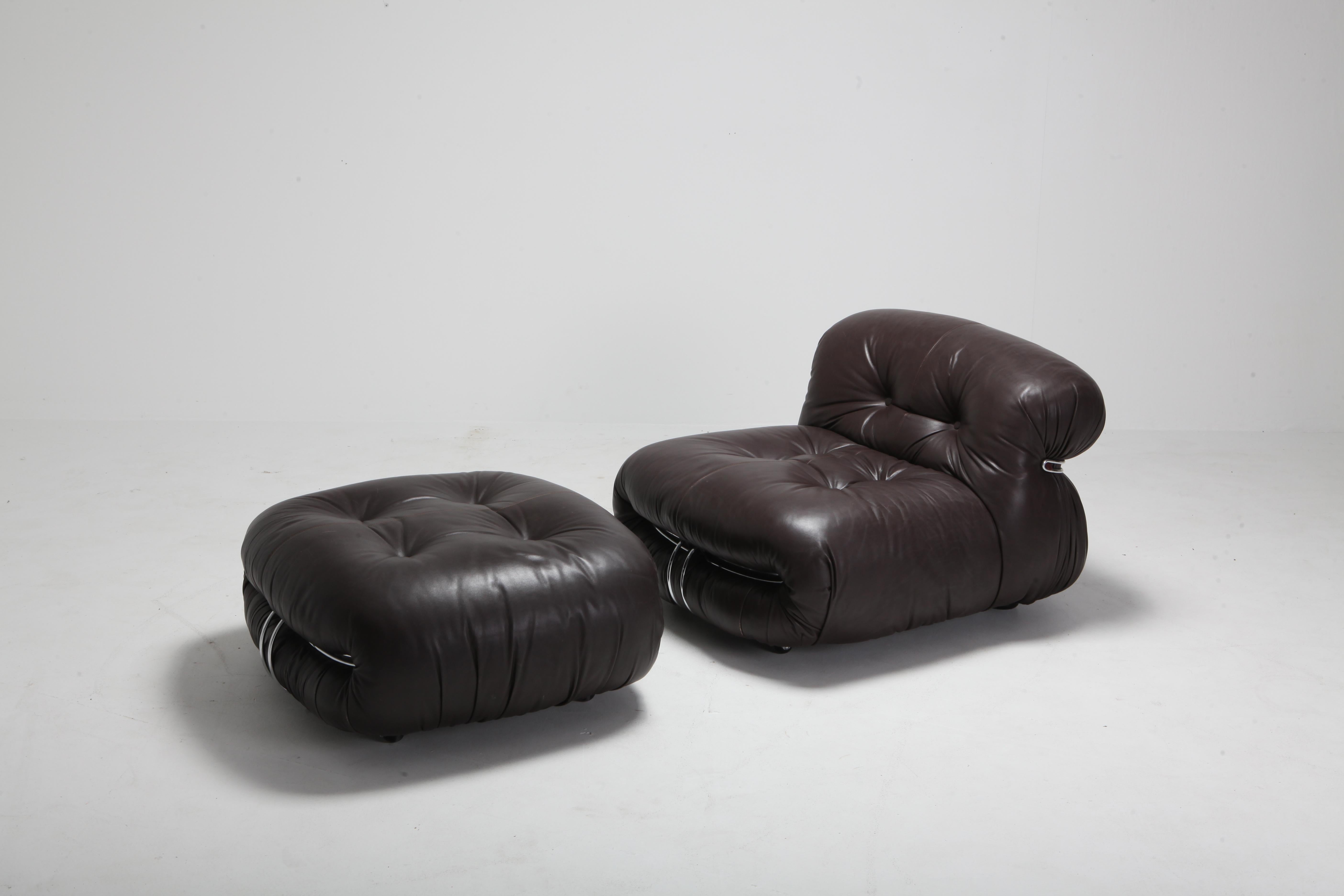 Scarpa 'Soriana' Brown Leather Lounge Chair with Ottoman In Good Condition In Antwerp, BE