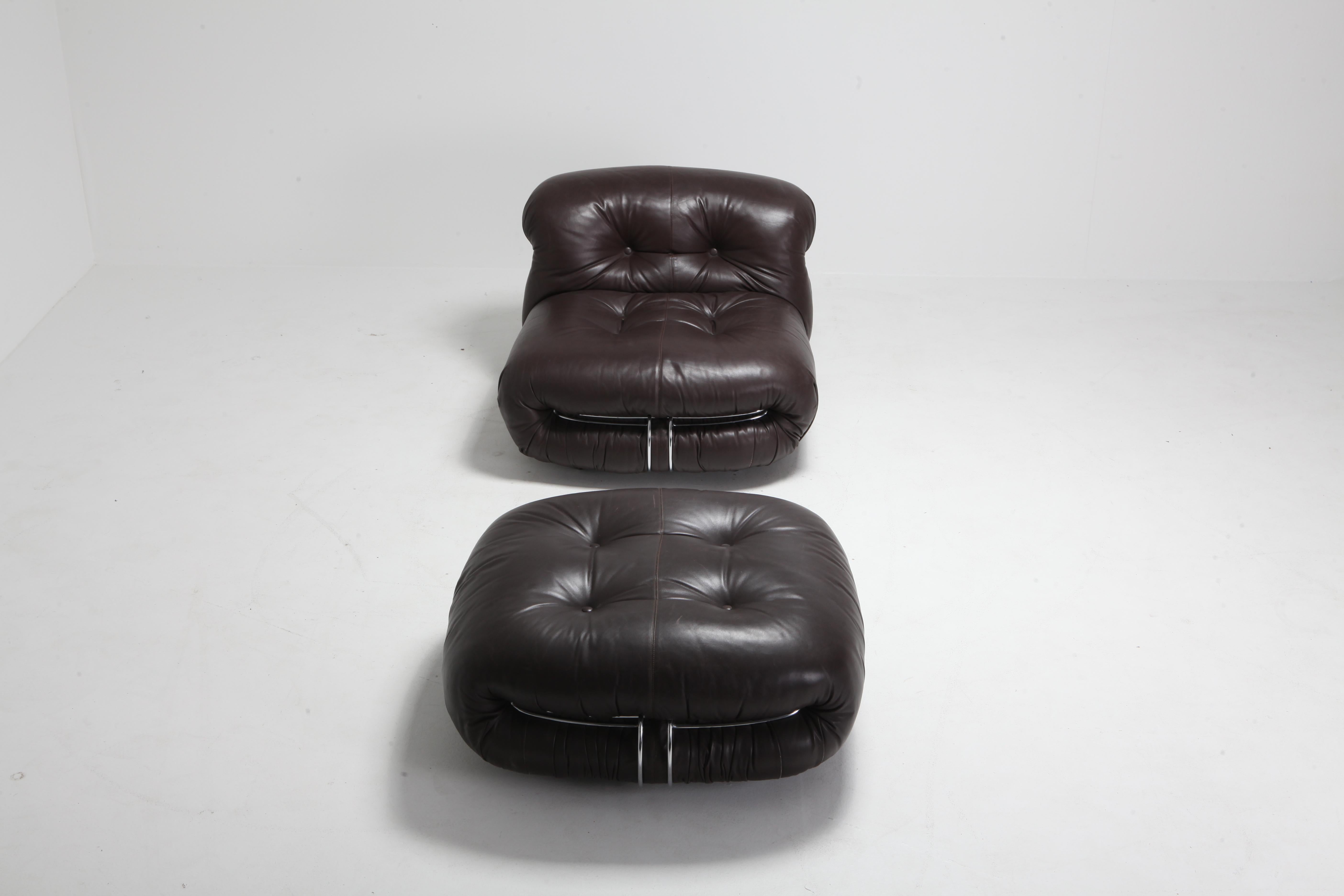 Chrome Scarpa 'Soriana' Brown Leather Lounge Chair with Ottoman