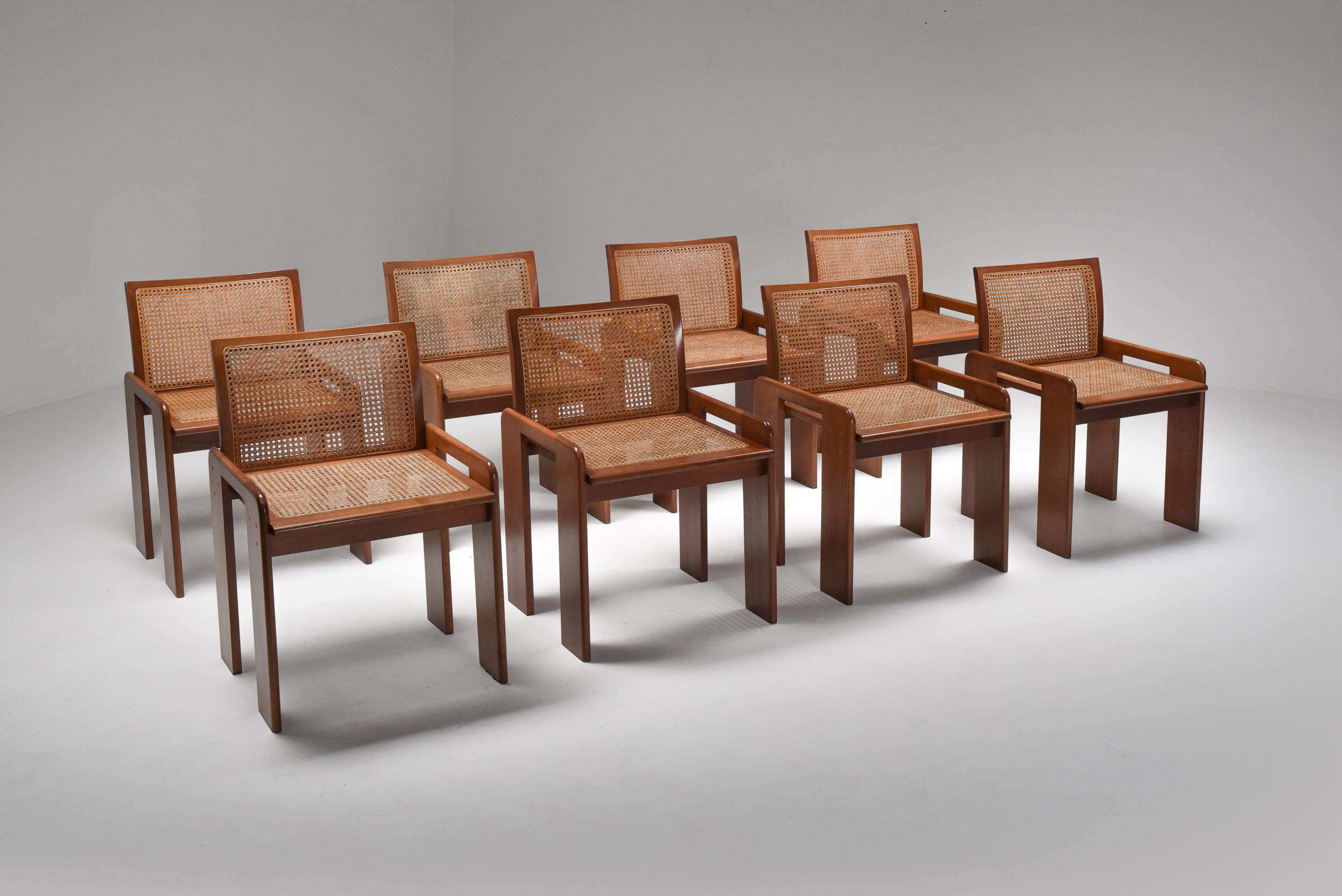 Italian dining chairs, attributed to Afra & Tobia Scarpa, Mid-Century Modern, 1970s

Eight dining chairs designed and made in Italy
The nice combination of having a modern appearance combined with some more rustic elements as the cane seating