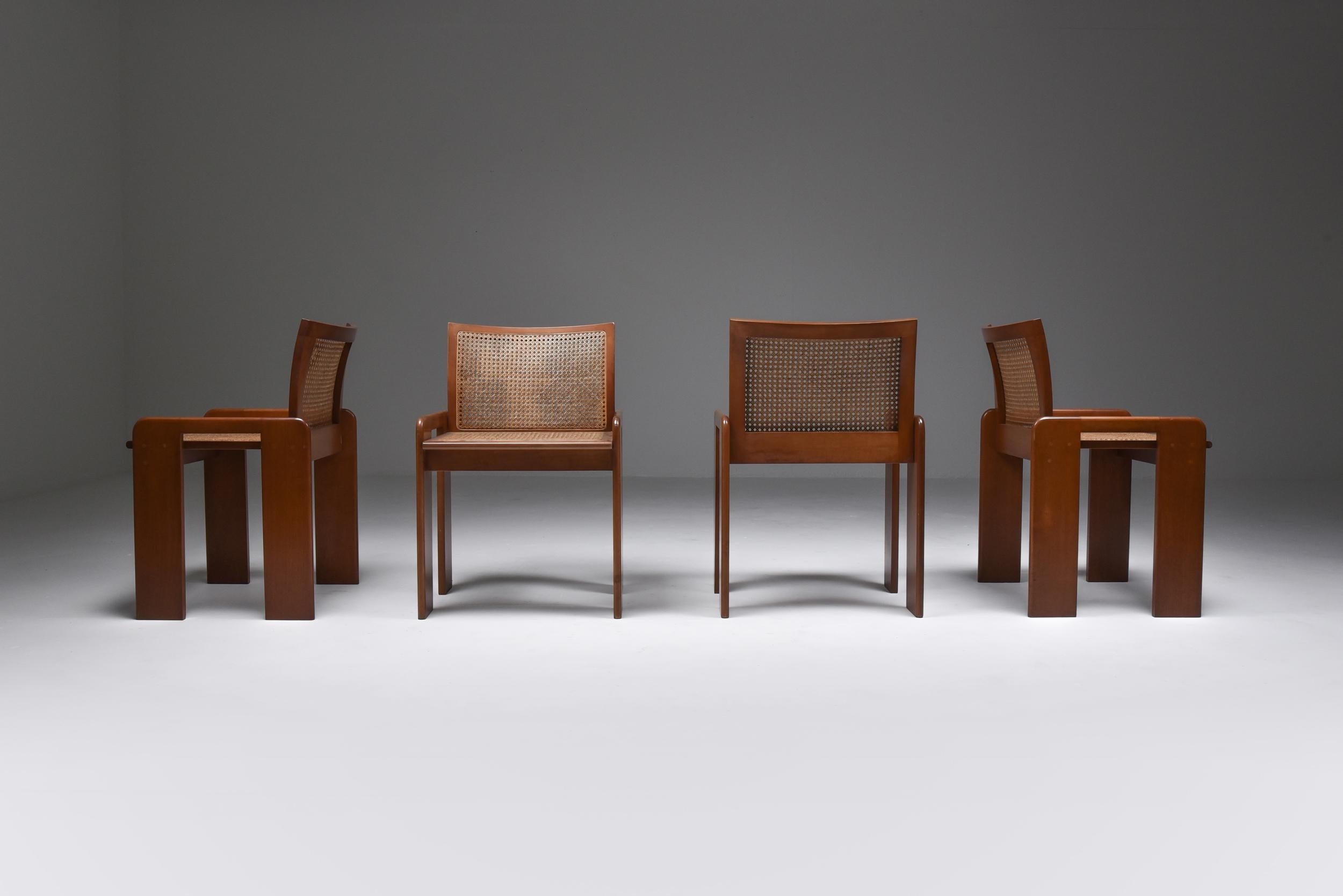 Scarpa Style Italian Dining Chairs in Walnut and Cane Seating In Excellent Condition In Antwerp, BE