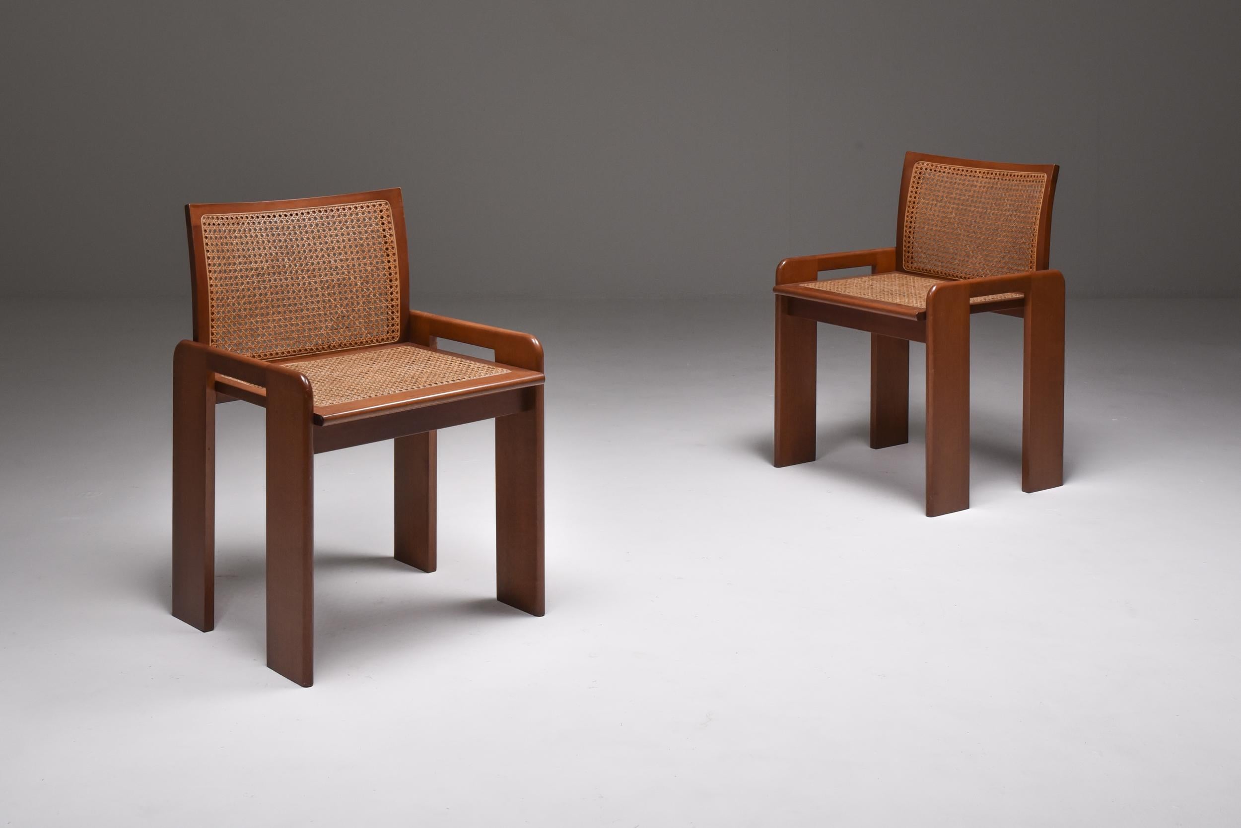 Late 20th Century Scarpa Style Italian Dining Chairs in Walnut and Cane Seating