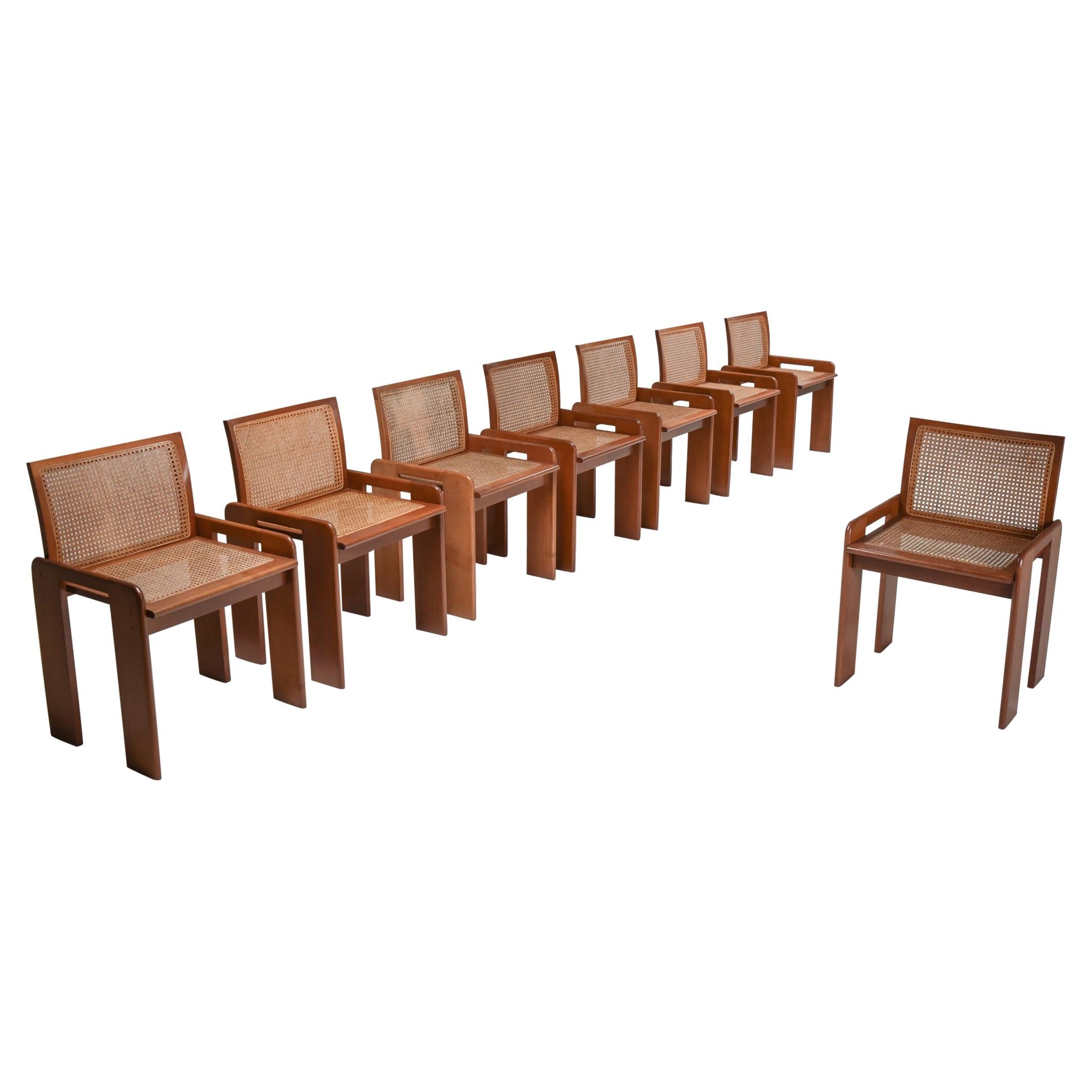 Scarpa Style Italian Dining Chairs in Walnut and Cane Seating