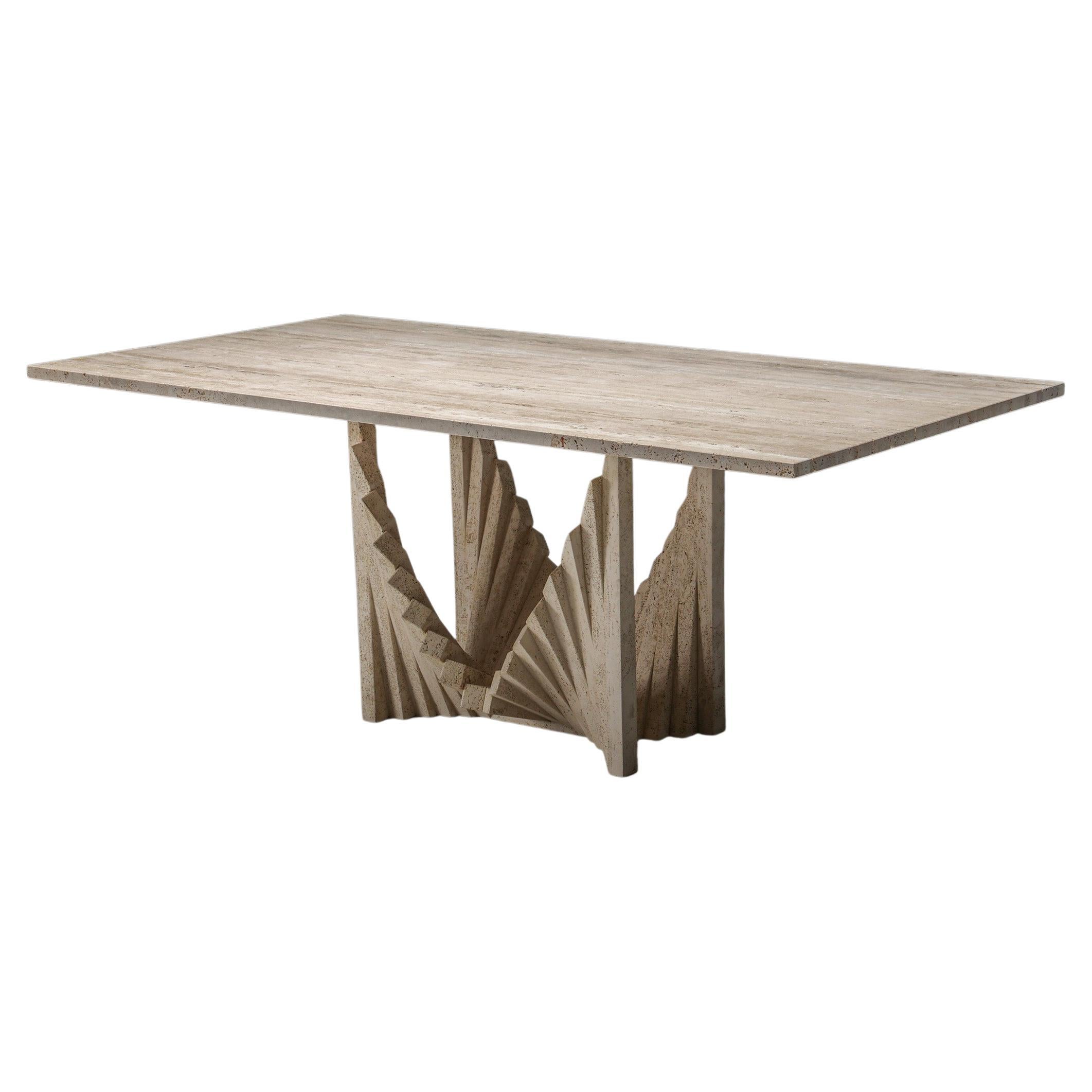 Scarpa Style Travertine Dining Table, Sculptural Base, Italy, 1970s