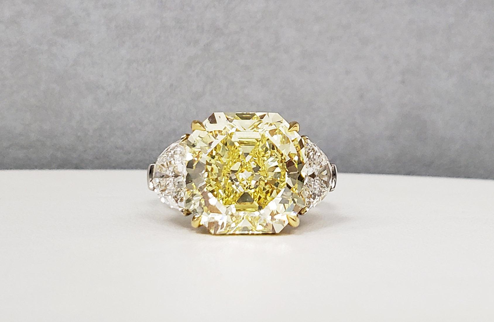 Radiant Cut Scarselli 10 Carat Fancy Intense Yellow Internally Flawless Radiant Diamond Ring For Sale