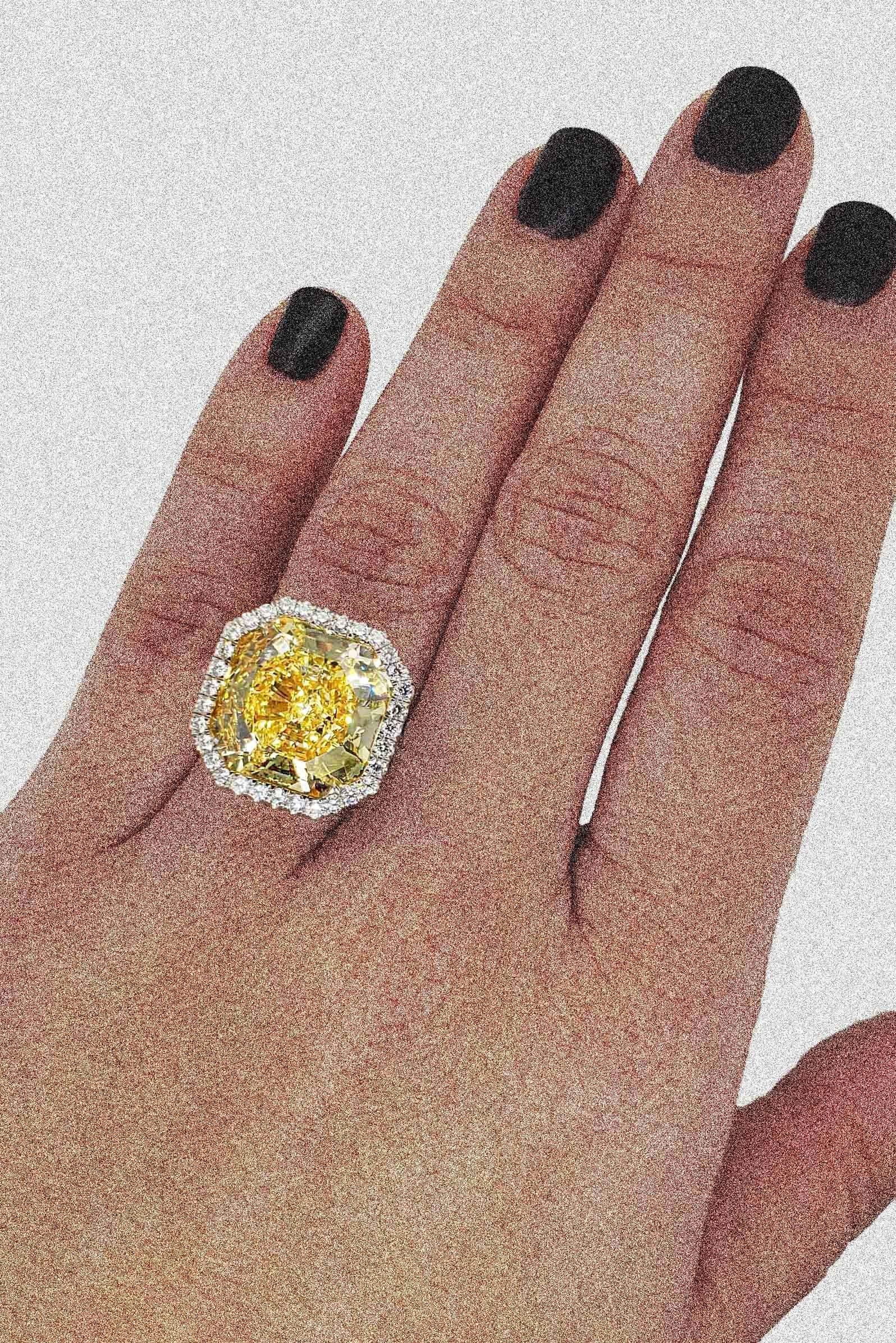 Radiant Cut Scarselli 15 Carat Fancy Intense Yellow Diamond Ring Internally Flawless GIA For Sale