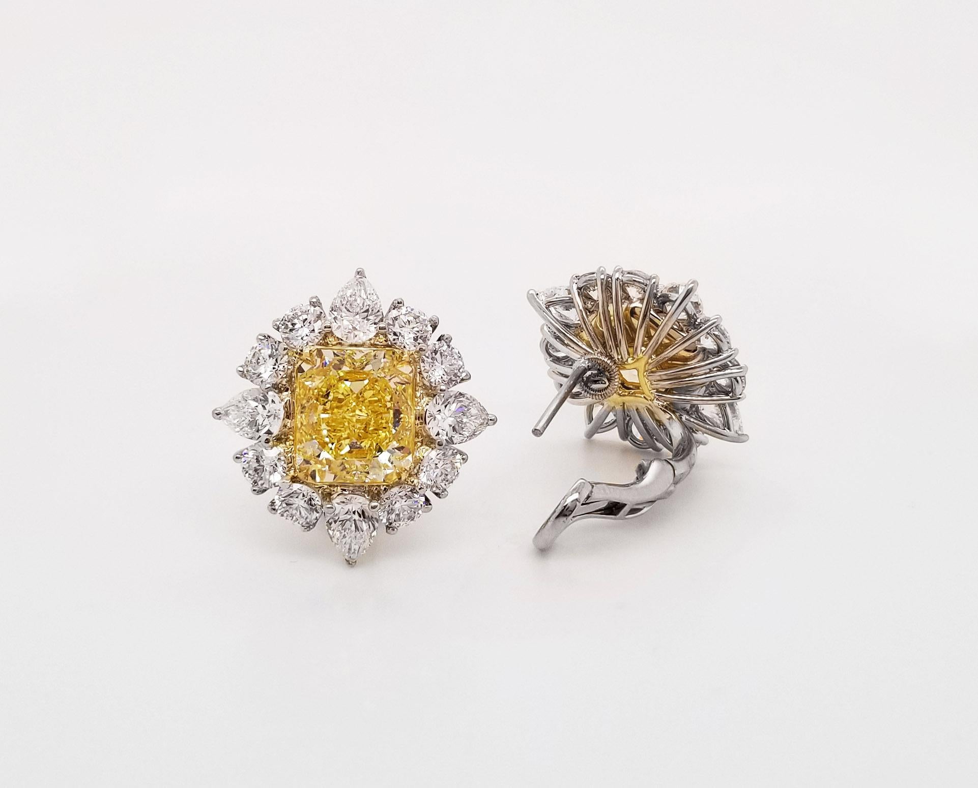Contemporary Scarselli 18k & Platinum Earrings 3 Carat Fancy Intense Yellow Each GIA For Sale