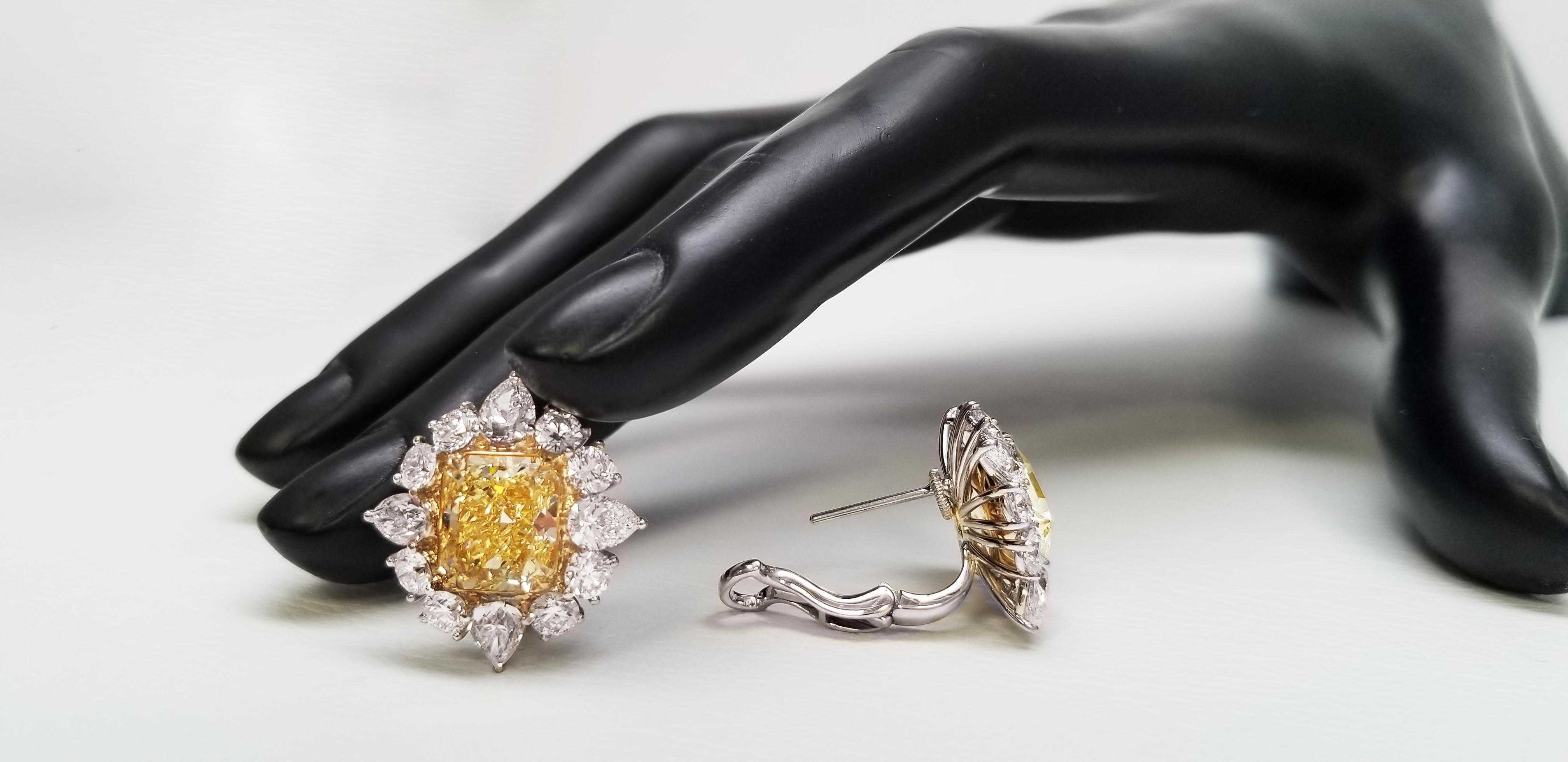 Radiant Cut Scarselli 18k & Platinum Earrings 3 Carat Fancy Intense Yellow Each GIA For Sale