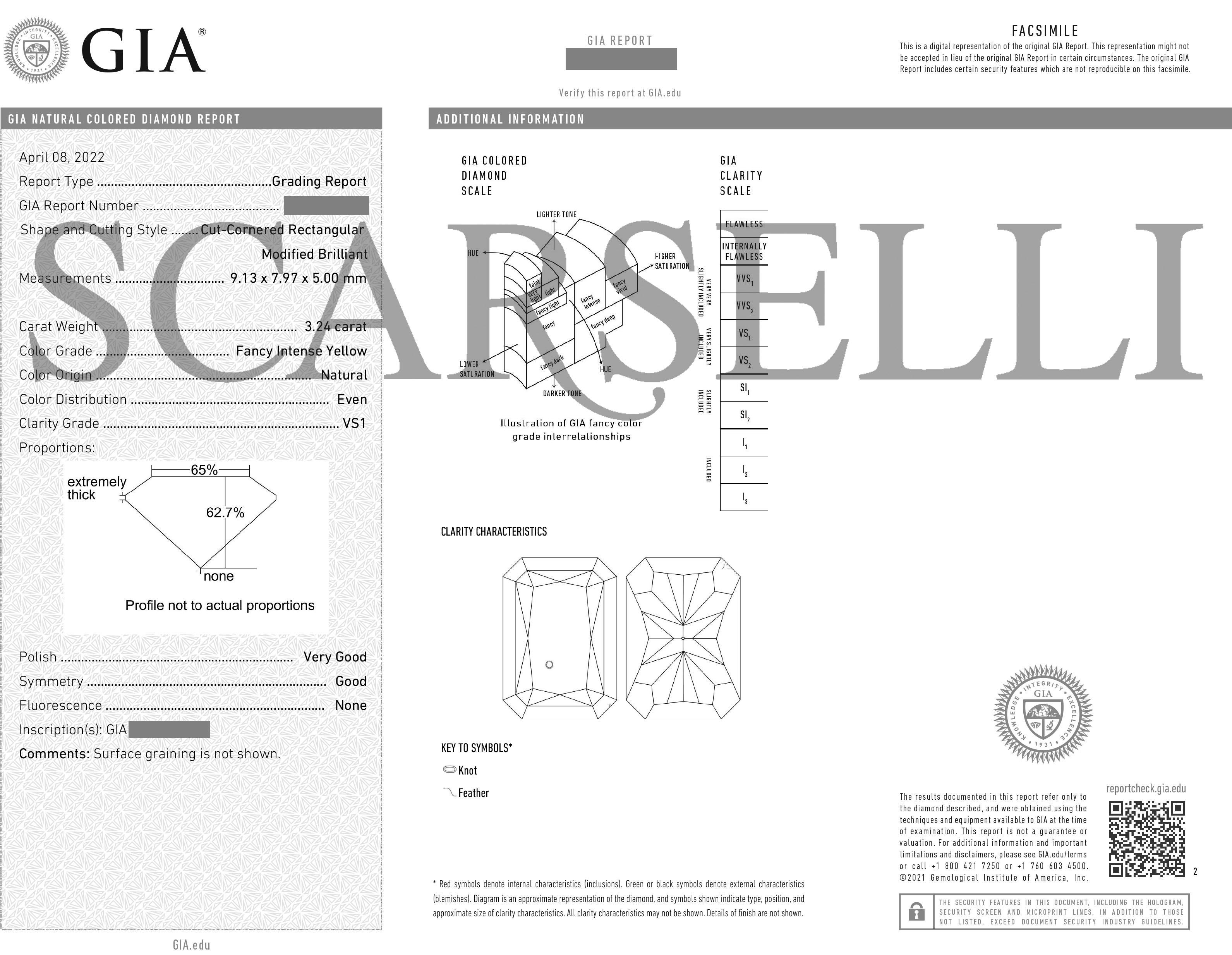 Scarselli 18k & Platinum Earrings 3 Carat Fancy Intense Yellow Each GIA For Sale 1